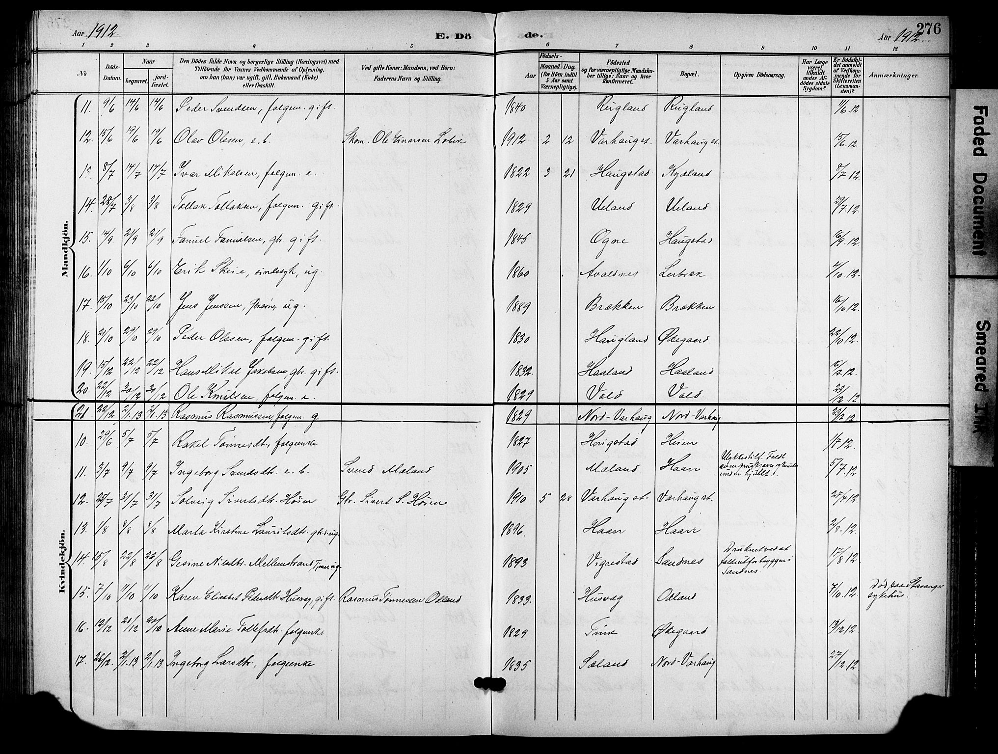 Hå sokneprestkontor, AV/SAST-A-101801/001/30BB/L0006: Parish register (copy) no. B 6, 1900-1924, p. 276