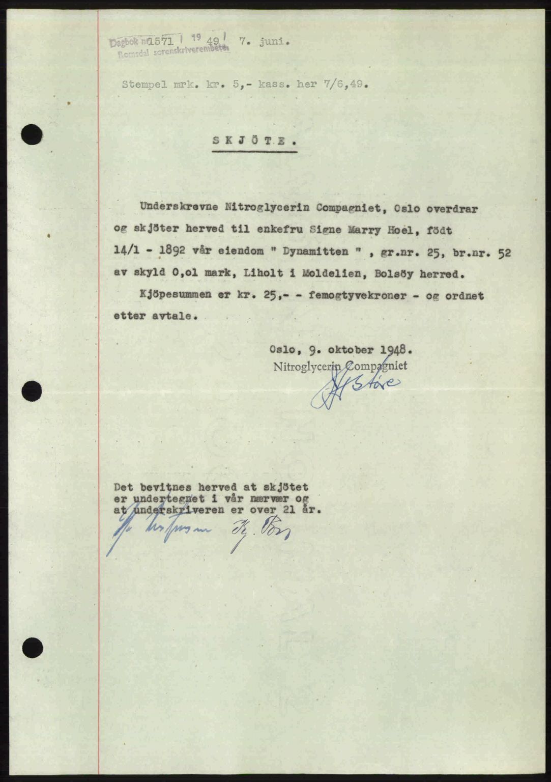 Romsdal sorenskriveri, AV/SAT-A-4149/1/2/2C: Mortgage book no. A30, 1949-1949, Diary no: : 1571/1949