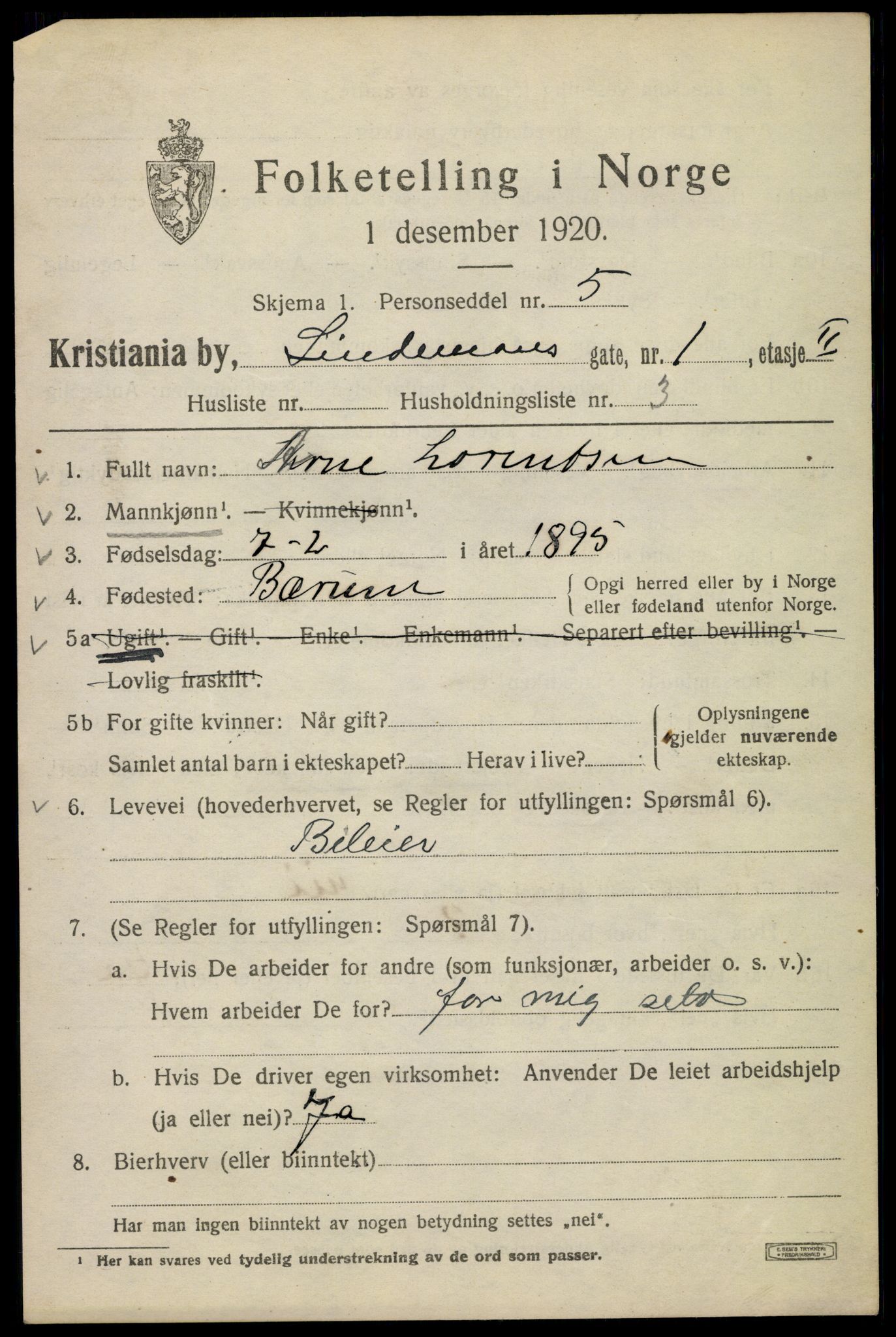 SAO, 1920 census for Kristiania, 1920, p. 364745