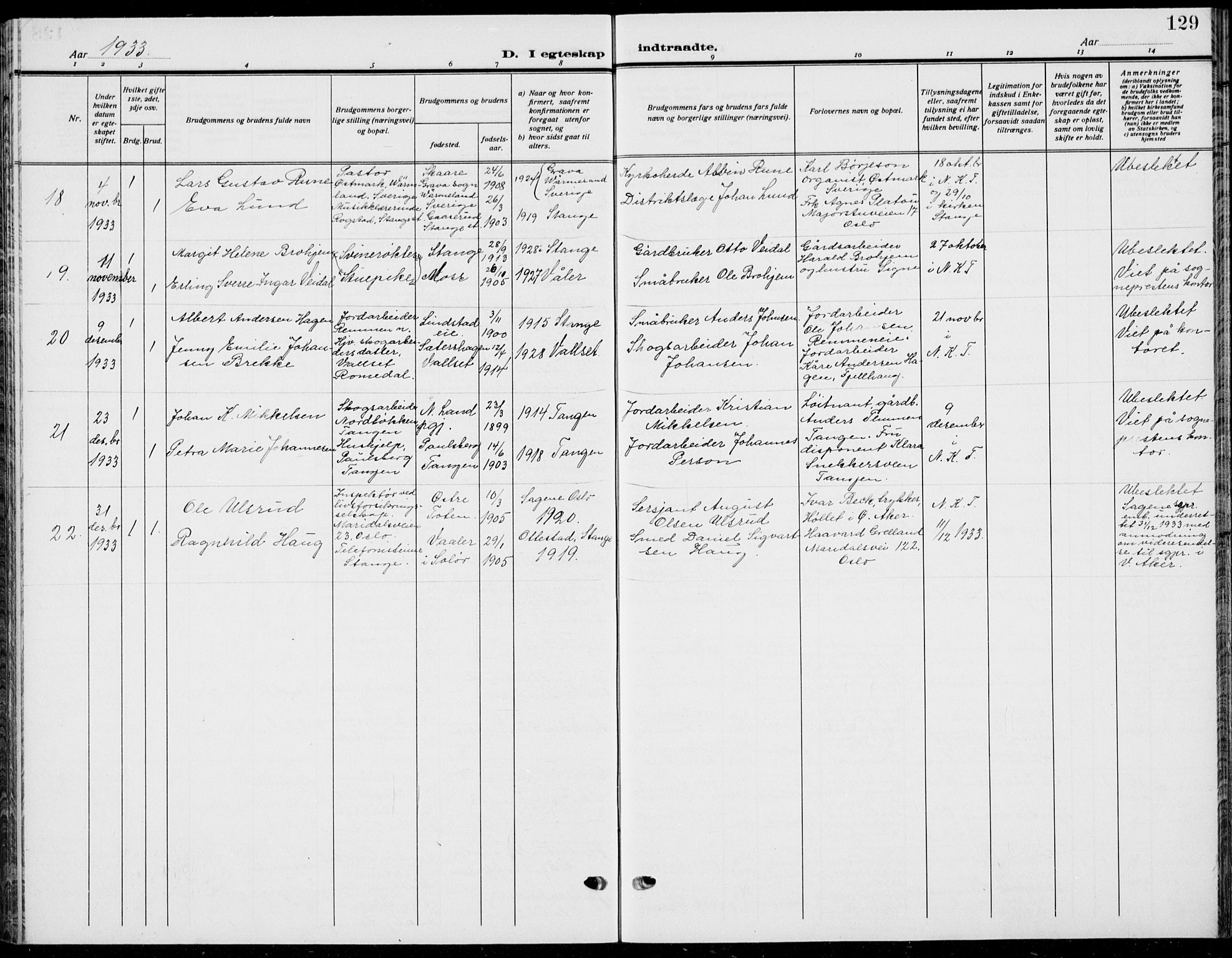 Stange prestekontor, AV/SAH-PREST-002/L/L0018: Parish register (copy) no. 18, 1929-1937, p. 129