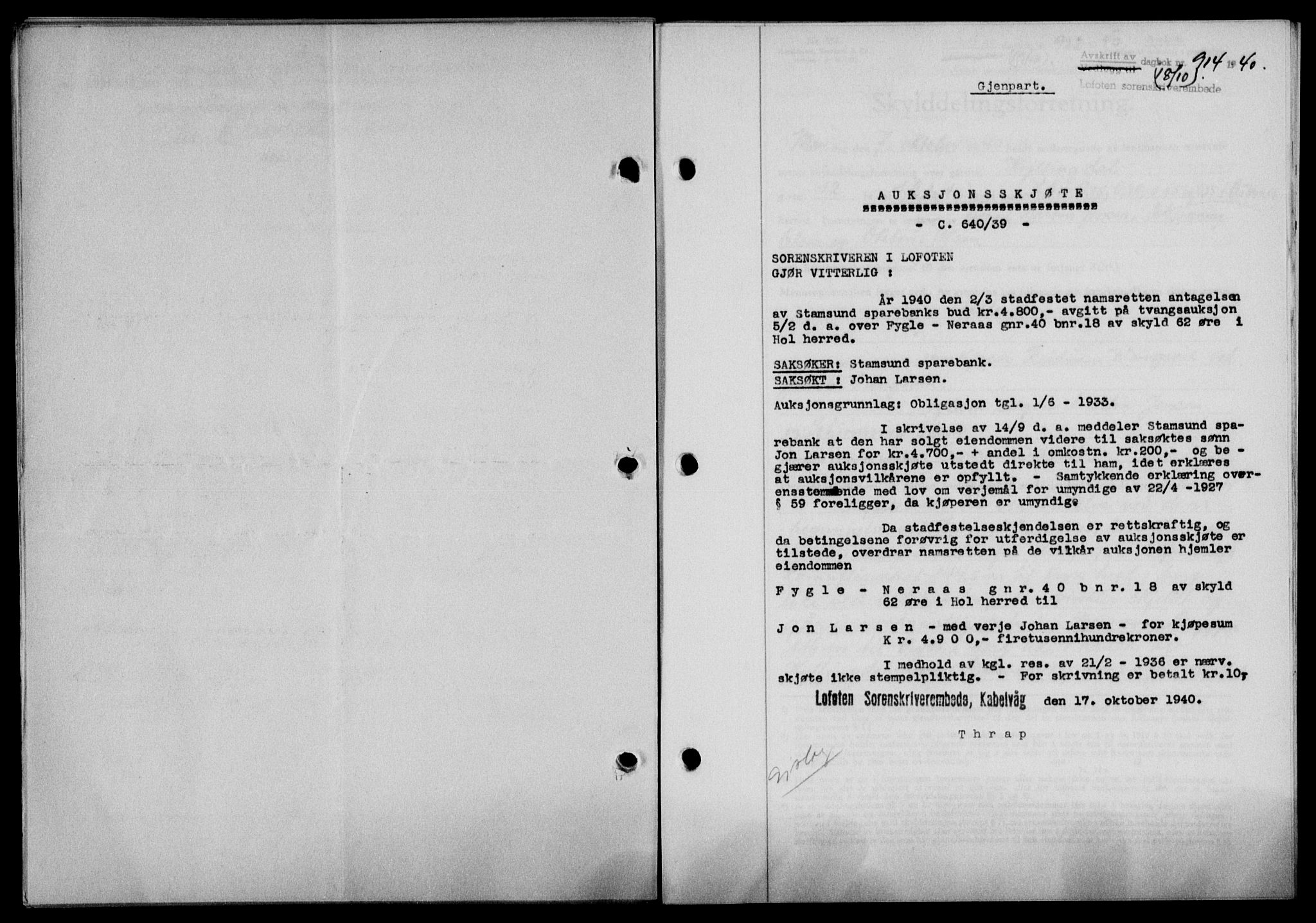 Lofoten sorenskriveri, SAT/A-0017/1/2/2C/L0007a: Mortgage book no. 7a, 1939-1940, Diary no: : 914/1940