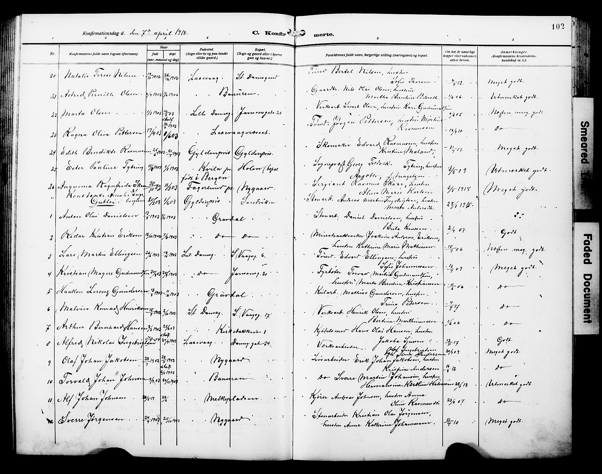 Laksevåg Sokneprestembete, AV/SAB-A-76501/H/Ha/Hab/Haba/L0006: Parish register (copy) no. A 6, 1917-1925, p. 102