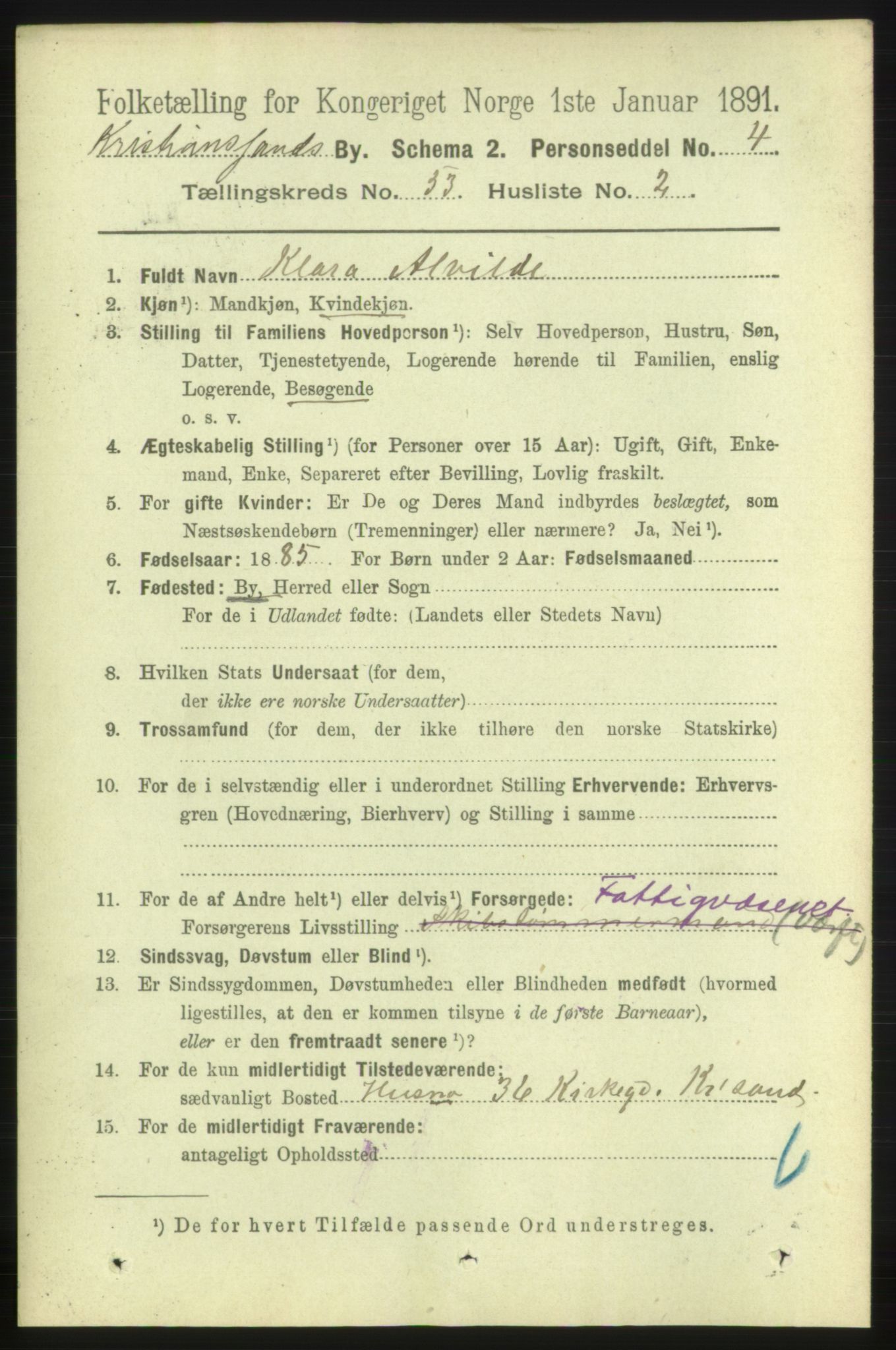 RA, 1891 census for 1001 Kristiansand, 1891, p. 15259