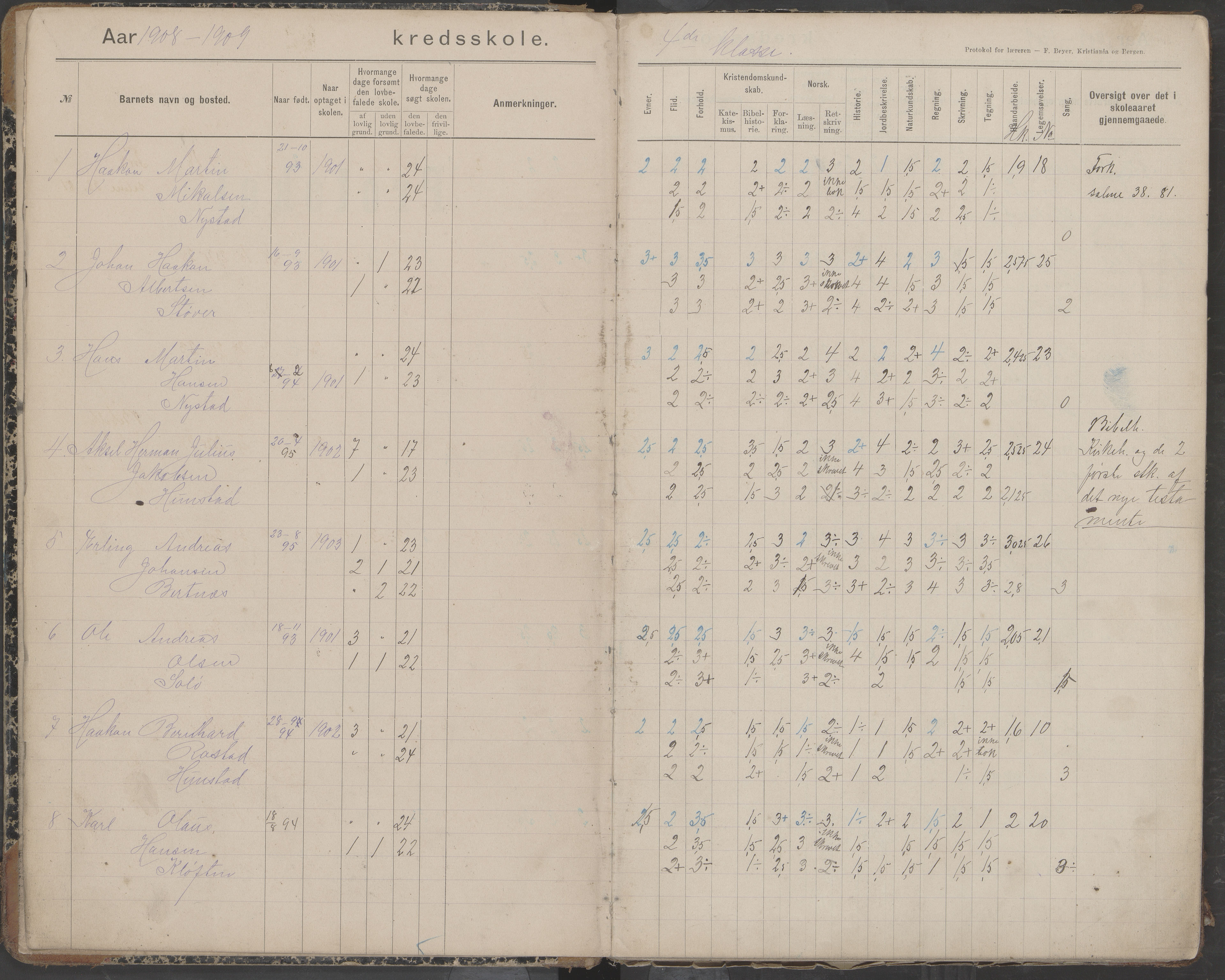 Bodin kommune. Støver skolekrets, AIN/K-18431.510.07/F/Fa/L0006: Protokoll lærere i Støver skolekrets, 1908-1918