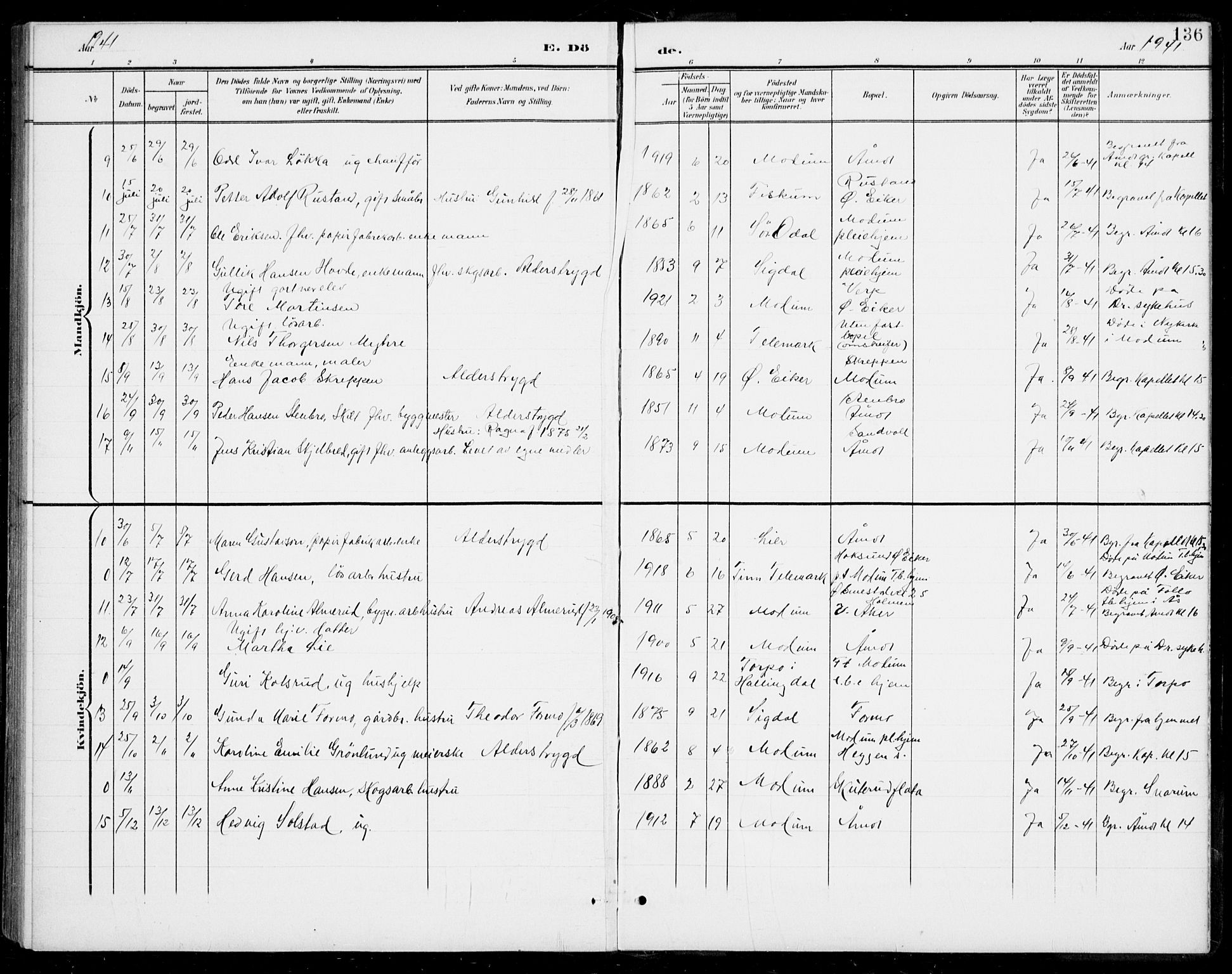 Modum kirkebøker, SAKO/A-234/G/Gb/L0001: Parish register (copy) no. II 1, 1901-1942, p. 136