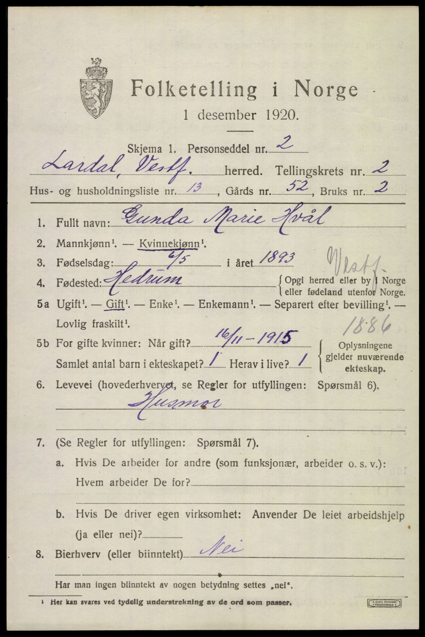 SAKO, 1920 census for Lardal, 1920, p. 2123