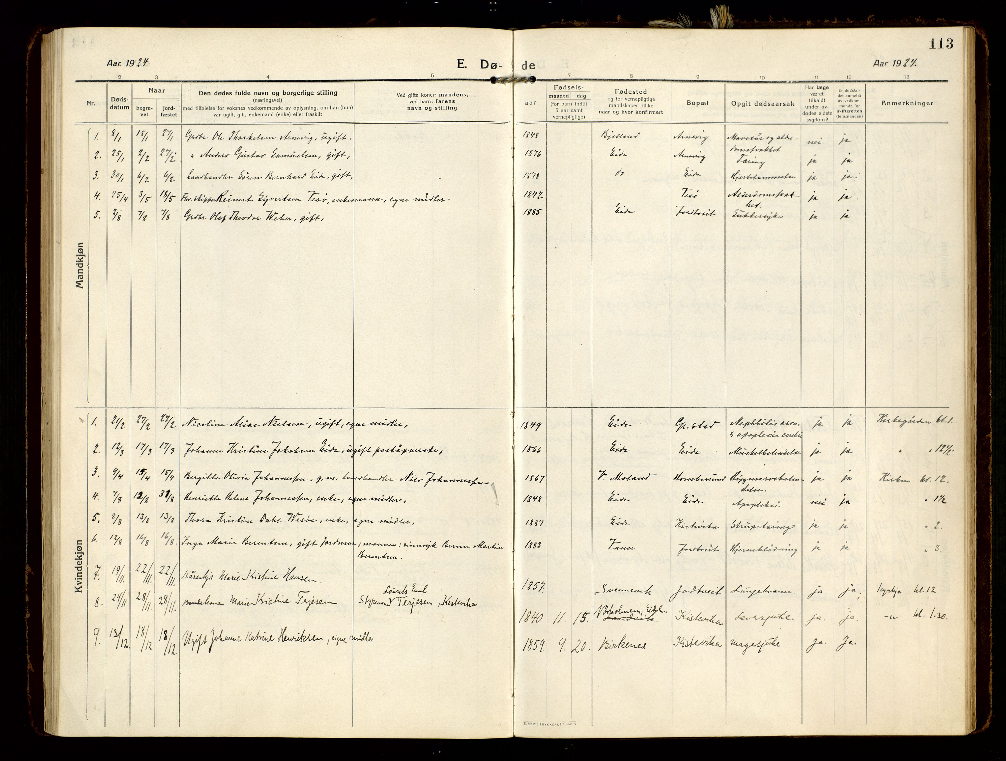 Hommedal sokneprestkontor, SAK/1111-0023/F/Fa/Faa/L0004: Parish register (official) no. A 4, 1916-1945, p. 113
