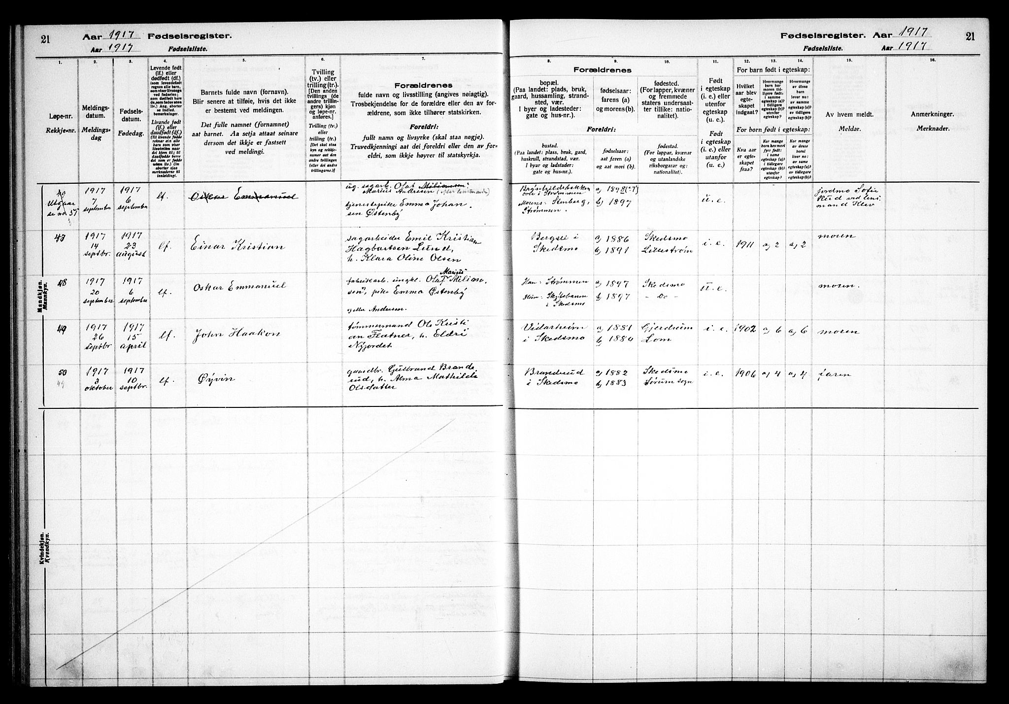 Skedsmo prestekontor Kirkebøker, AV/SAO-A-10033a/J/Ja/L0001: Birth register no. I 1, 1916-1931, p. 21