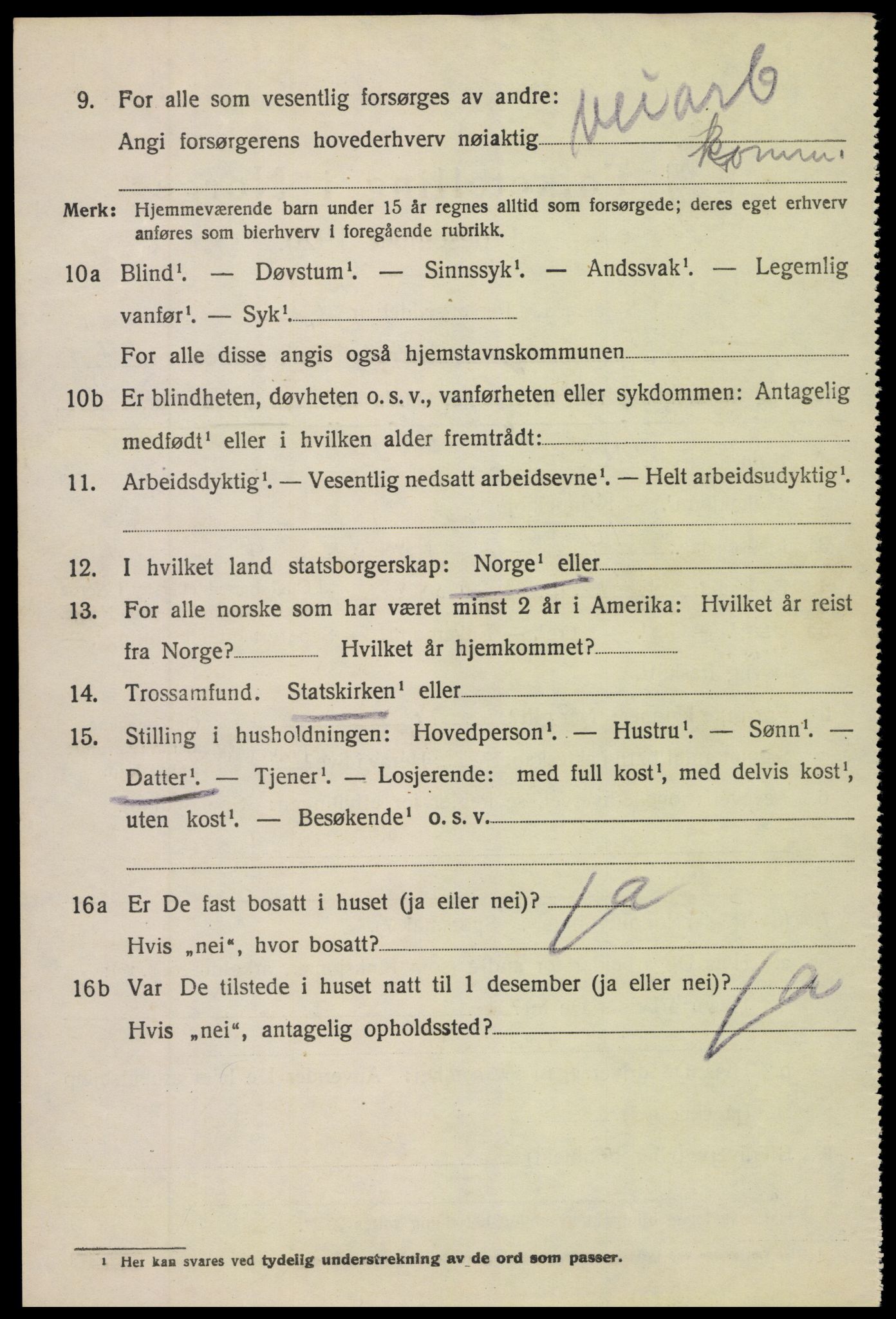 SAK, 1920 census for Vegårshei, 1920, p. 1215