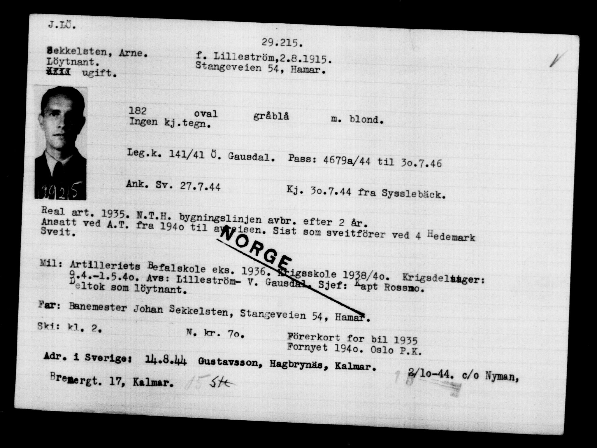 Utenriksstasjonene, Legasjonen i Stockholm, Flyktningkontoret, AV/RA-S-6753/V/Va/L0012: Kjesäterkartoteket, flyktninger med registreringsnr. 28300-31566, 1940-1945, p. 1001