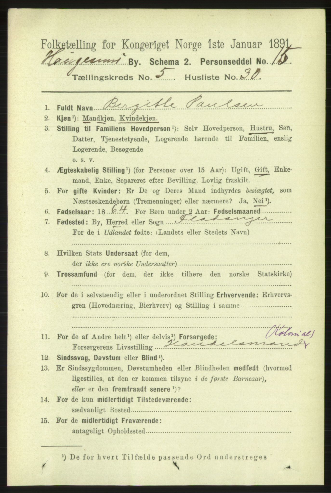 RA, 1891 census for 1106 Haugesund, 1891, p. 2547