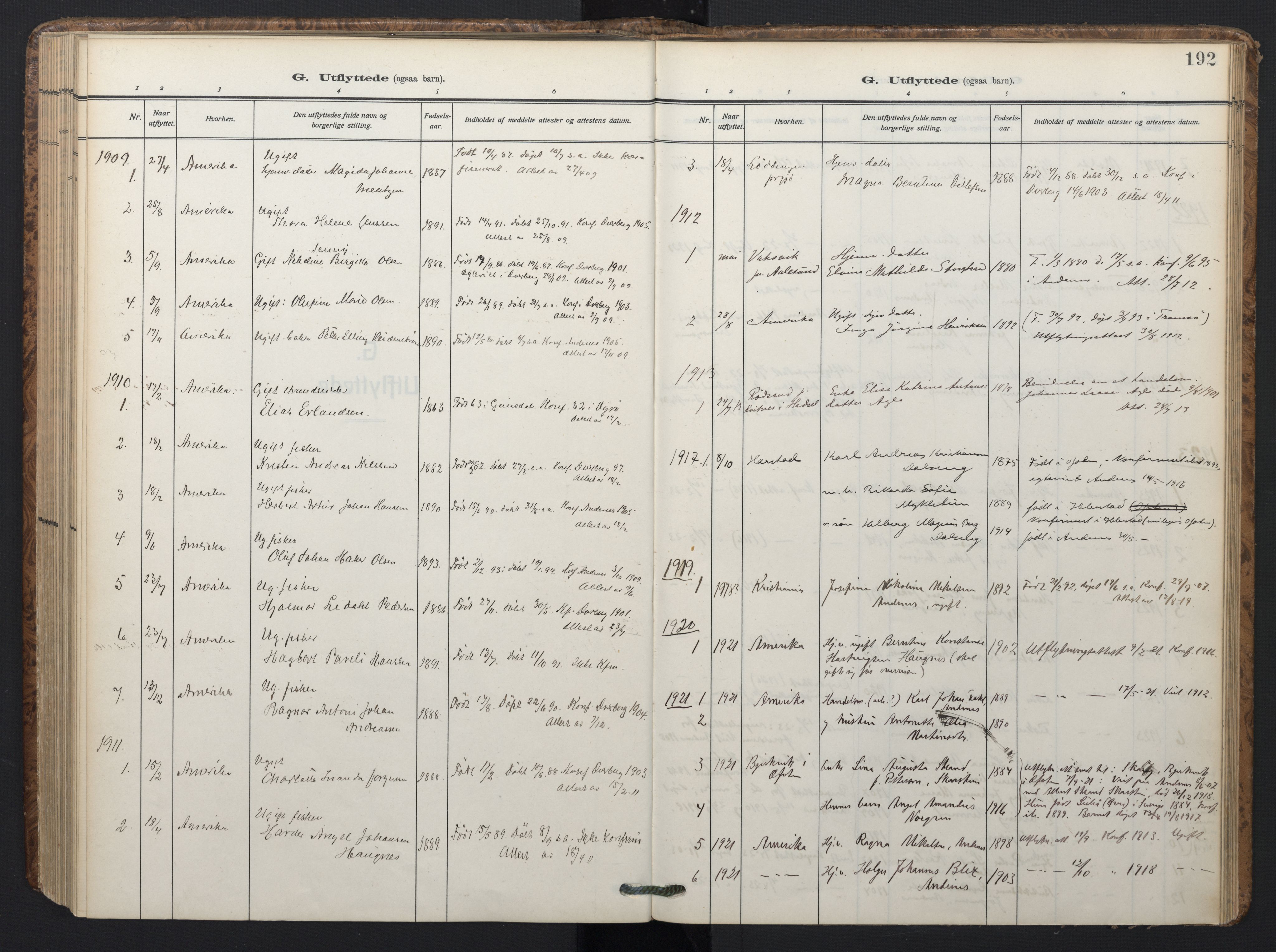 Ministerialprotokoller, klokkerbøker og fødselsregistre - Nordland, SAT/A-1459/899/L1438: Parish register (official) no. 899A06, 1909-1922, p. 192
