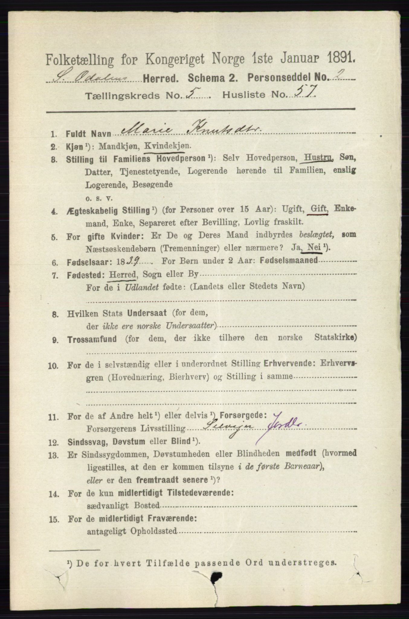 RA, 1891 census for 0419 Sør-Odal, 1891, p. 2679