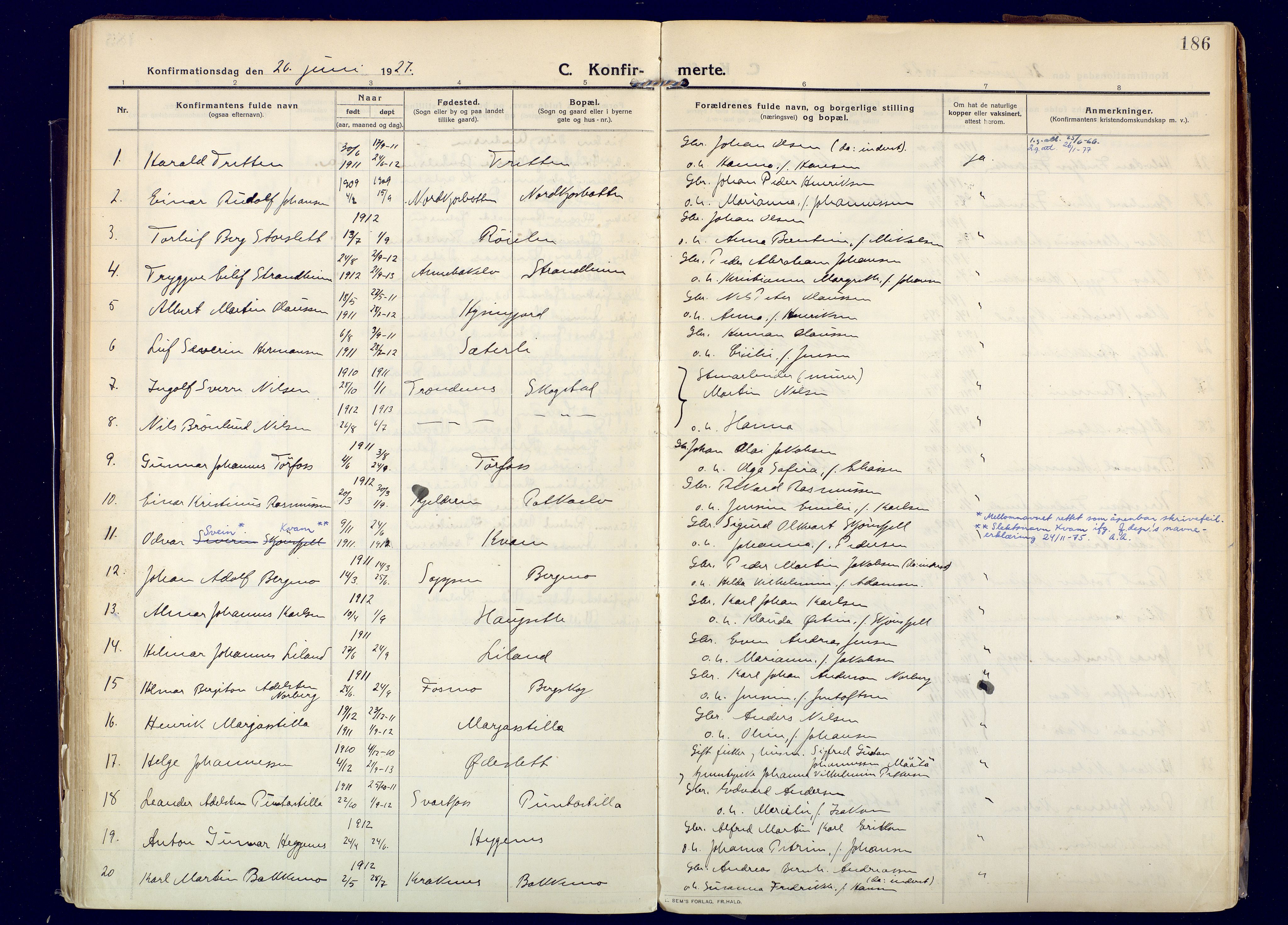 Skjervøy sokneprestkontor, SATØ/S-1300/H/Ha/Haa: Parish register (official) no. 20, 1911-1931, p. 186