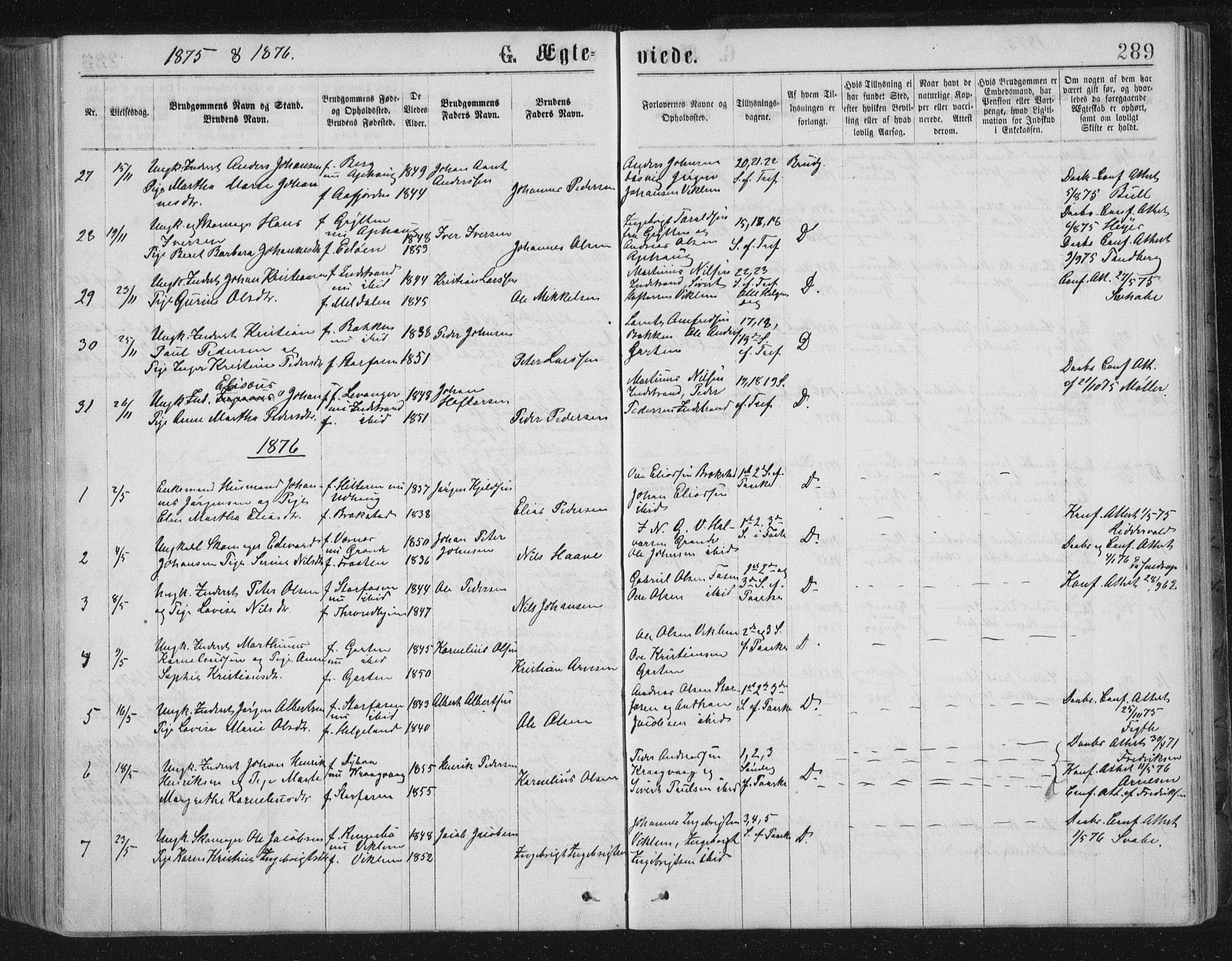 Ministerialprotokoller, klokkerbøker og fødselsregistre - Sør-Trøndelag, AV/SAT-A-1456/659/L0745: Parish register (copy) no. 659C02, 1869-1892, p. 289