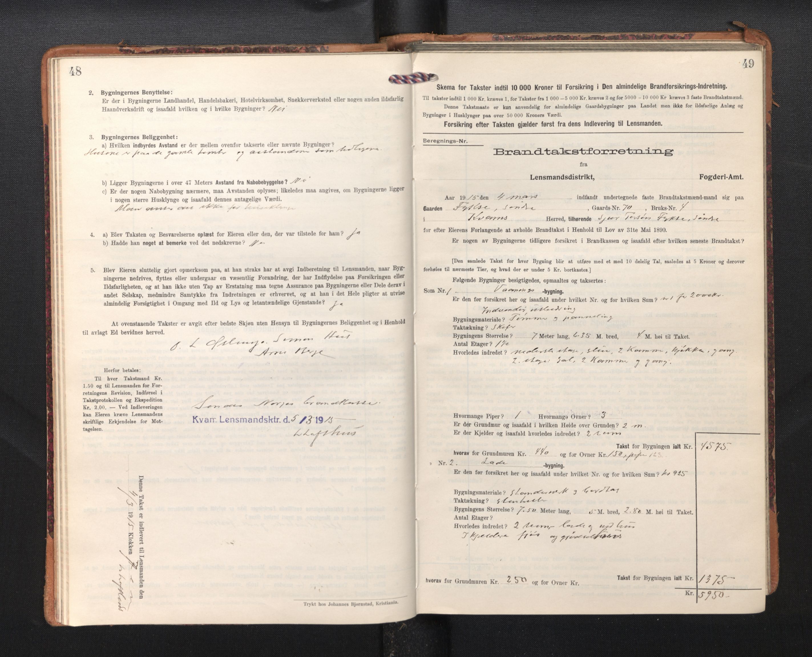Lensmannen i Kvam, SAB/A-33201/0012/L0006: Branntakstprotokoll, skjematakst, 1913-1955, p. 48-49