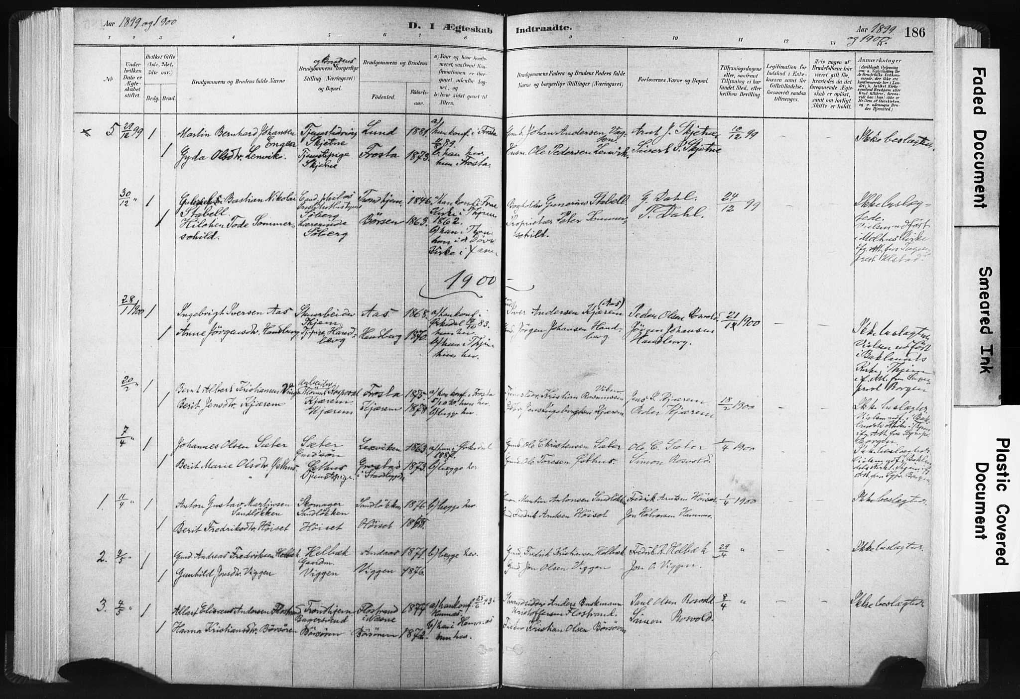 Ministerialprotokoller, klokkerbøker og fødselsregistre - Sør-Trøndelag, SAT/A-1456/665/L0773: Parish register (official) no. 665A08, 1879-1905, p. 186