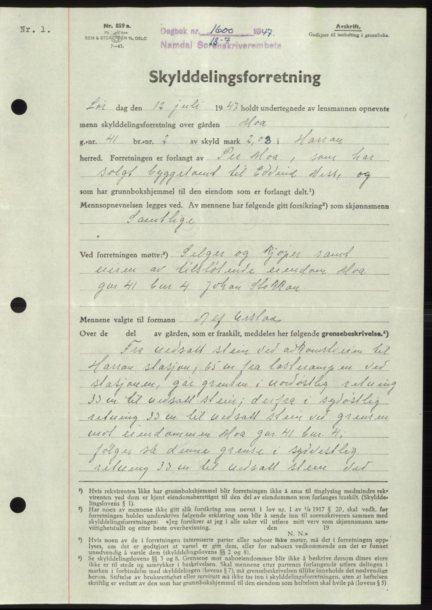 Namdal sorenskriveri, AV/SAT-A-4133/1/2/2C: Mortgage book no. -, 1947-1947, Diary no: : 1600/1947