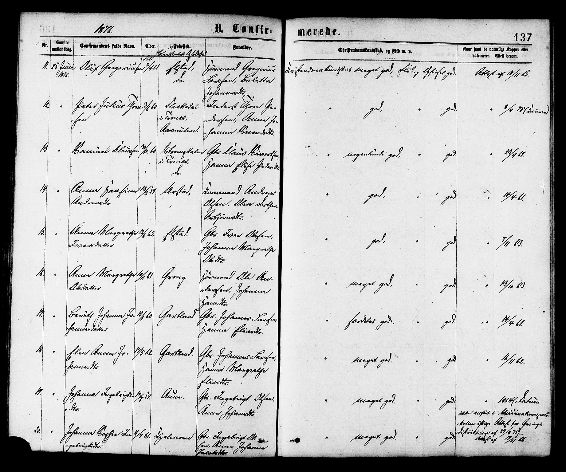 Ministerialprotokoller, klokkerbøker og fødselsregistre - Nord-Trøndelag, AV/SAT-A-1458/758/L0516: Parish register (official) no. 758A03 /1, 1869-1879, p. 137