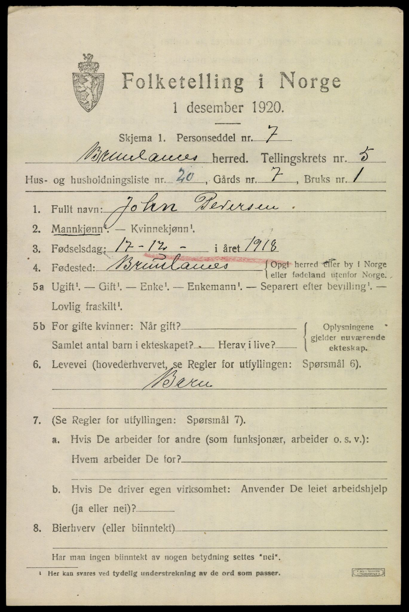 SAKO, 1920 census for Brunlanes, 1920, p. 6757