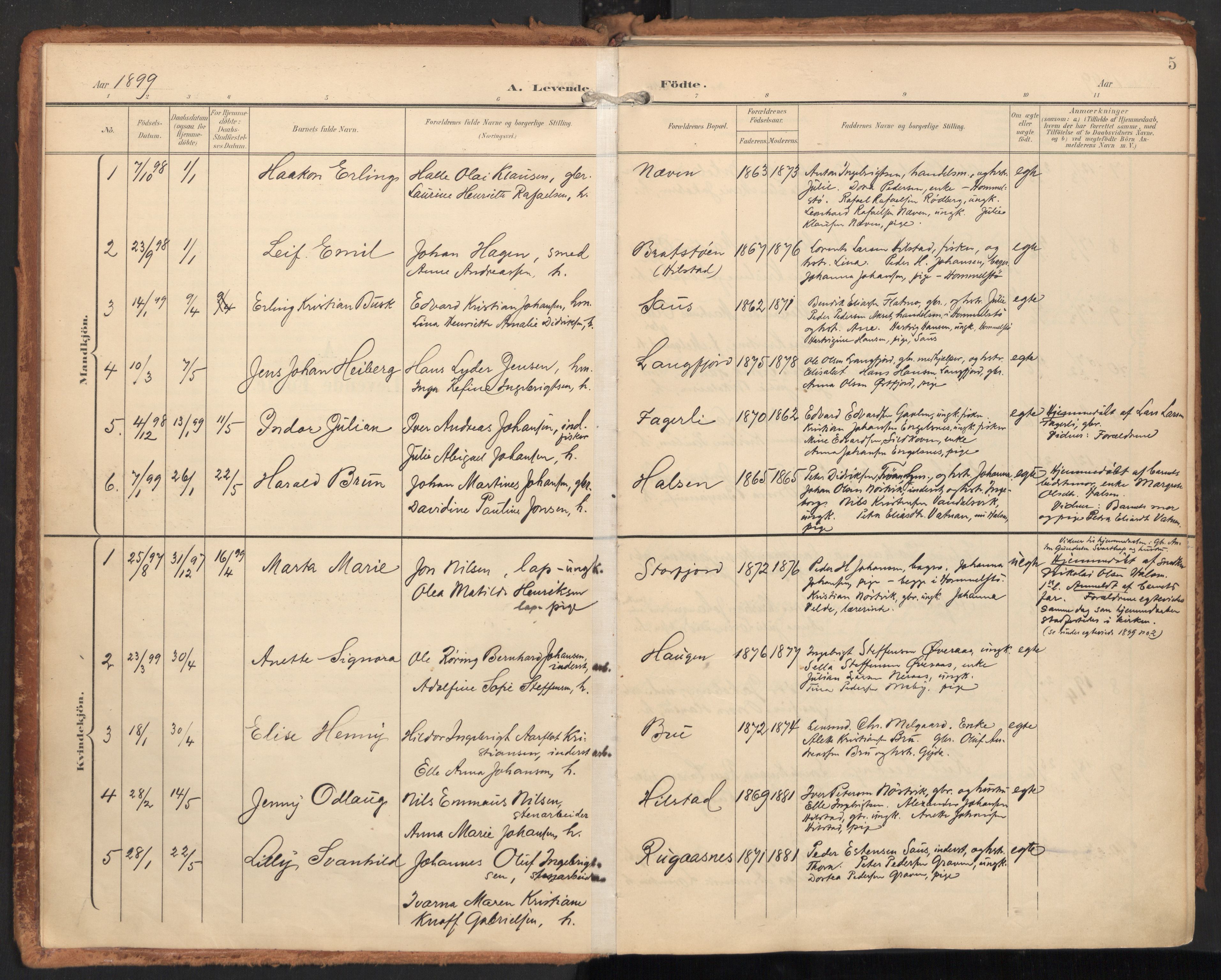 Ministerialprotokoller, klokkerbøker og fødselsregistre - Nordland, SAT/A-1459/814/L0227: Parish register (official) no. 814A08, 1899-1920, p. 5
