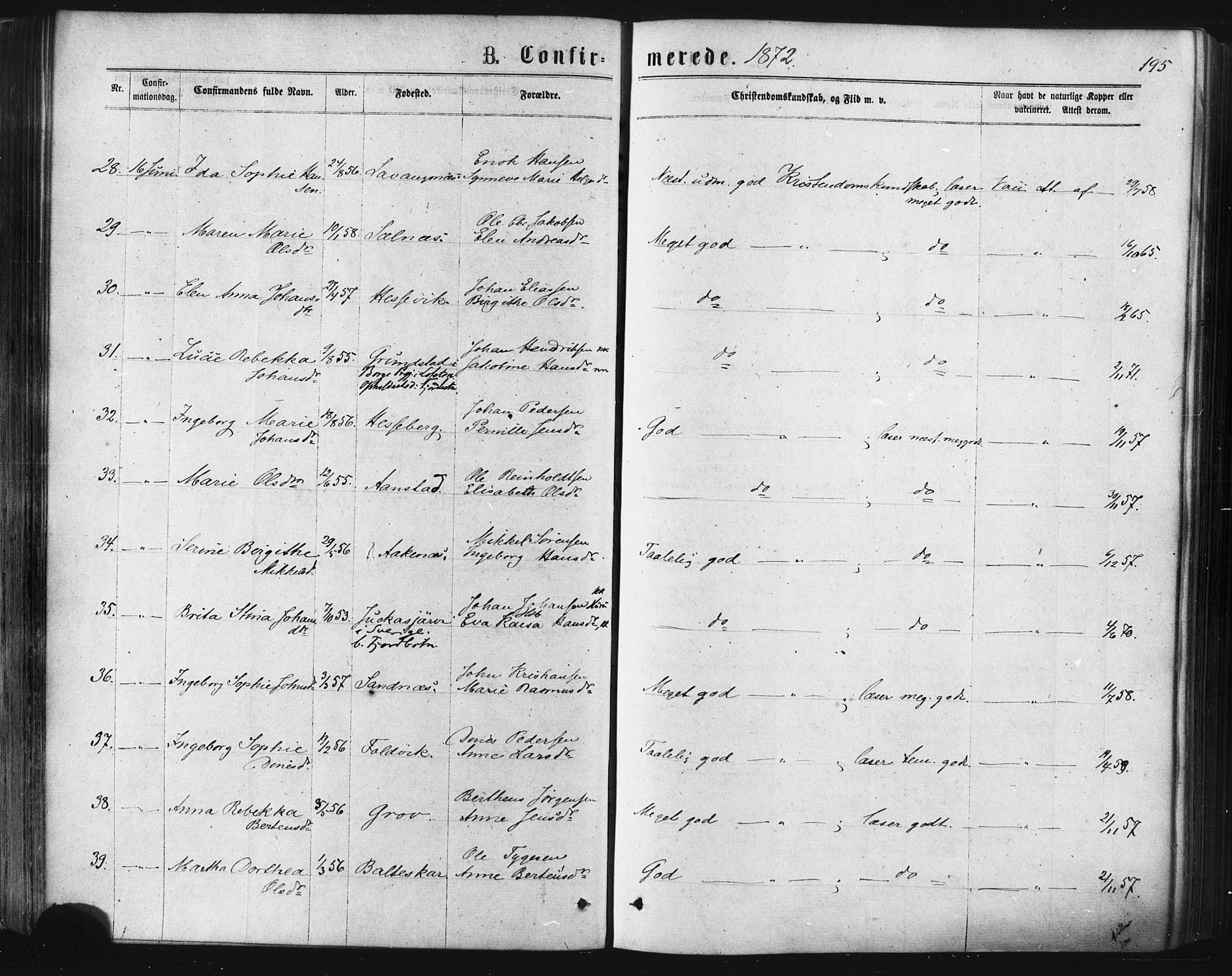 Ibestad sokneprestembete, SATØ/S-0077/H/Ha/Haa/L0010kirke: Parish register (official) no. 10, 1869-1879, p. 195