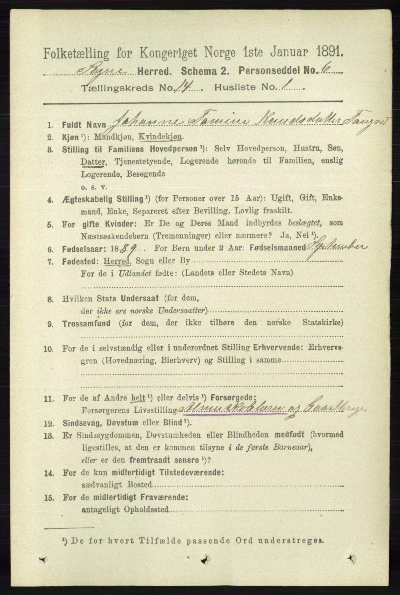 RA, 1891 census for 1018 Søgne, 1891, p. 3409