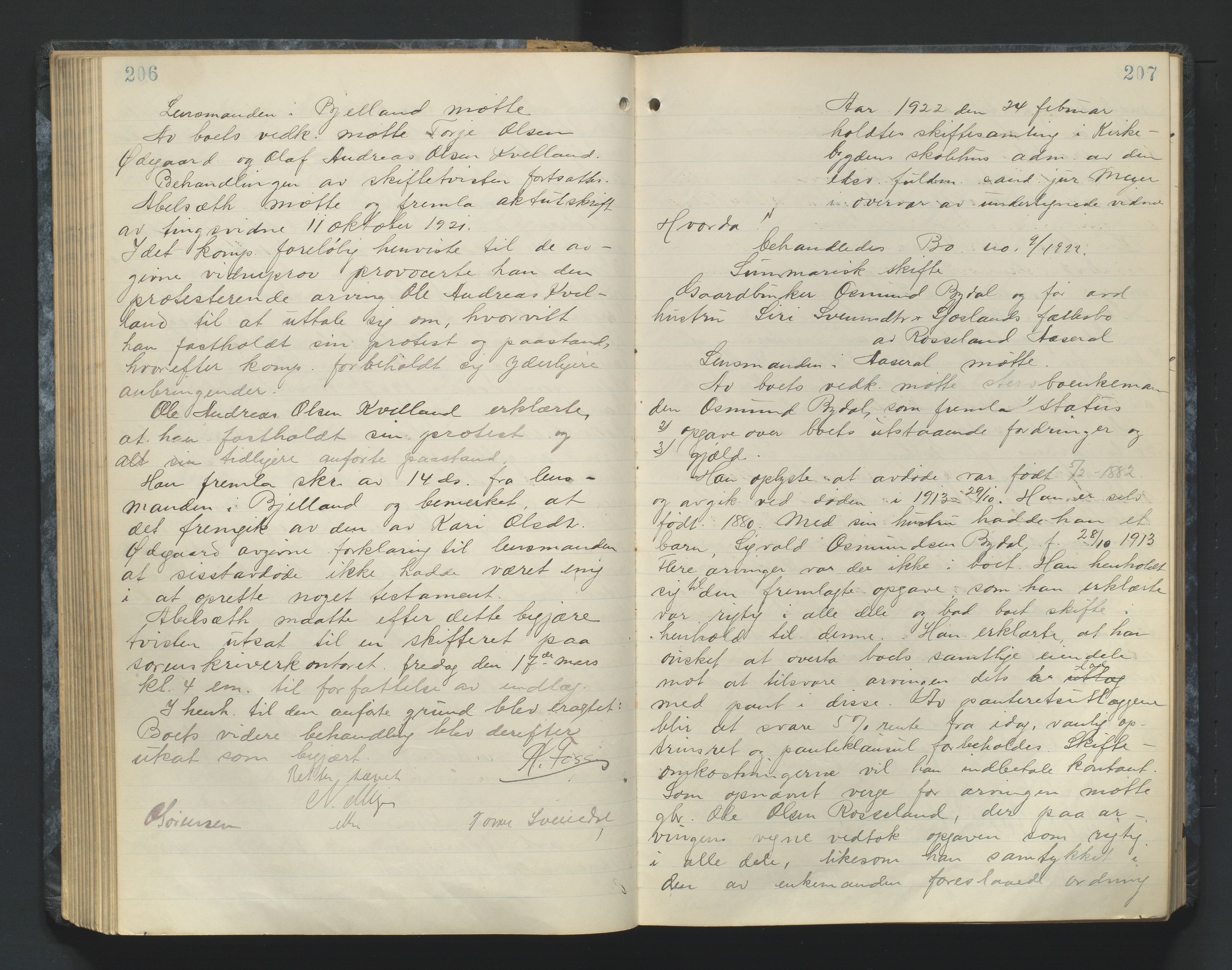 Mandal sorenskriveri, AV/SAK-1221-0005/001/H/Hc/L0084: Skifteforhandlingsprotokoll nr 16, 1921-1924, p. 206-207