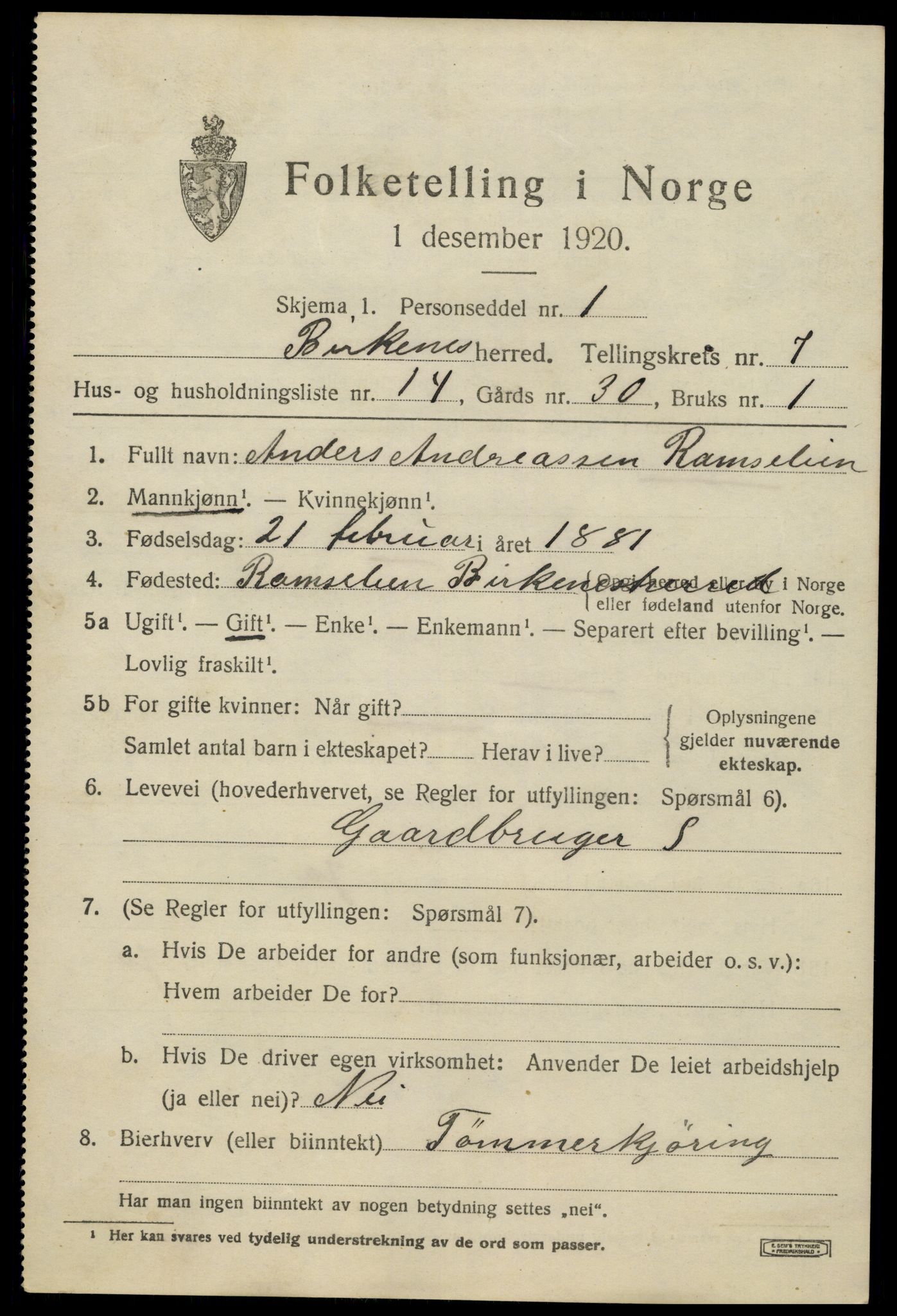 SAK, 1920 census for Birkenes, 1920, p. 4107