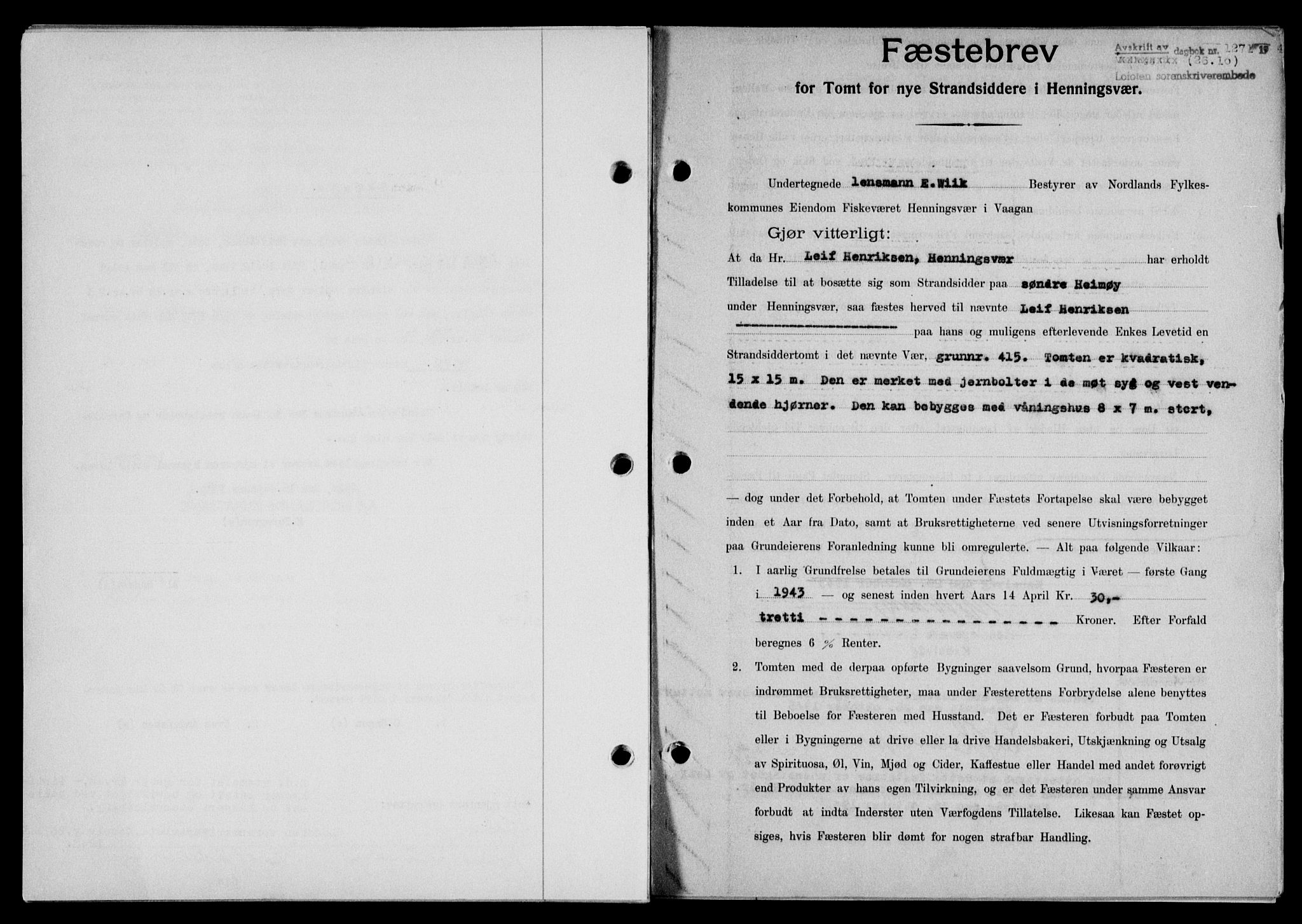 Lofoten sorenskriveri, SAT/A-0017/1/2/2C/L0011a: Mortgage book no. 11a, 1943-1943, Diary no: : 1271/1943