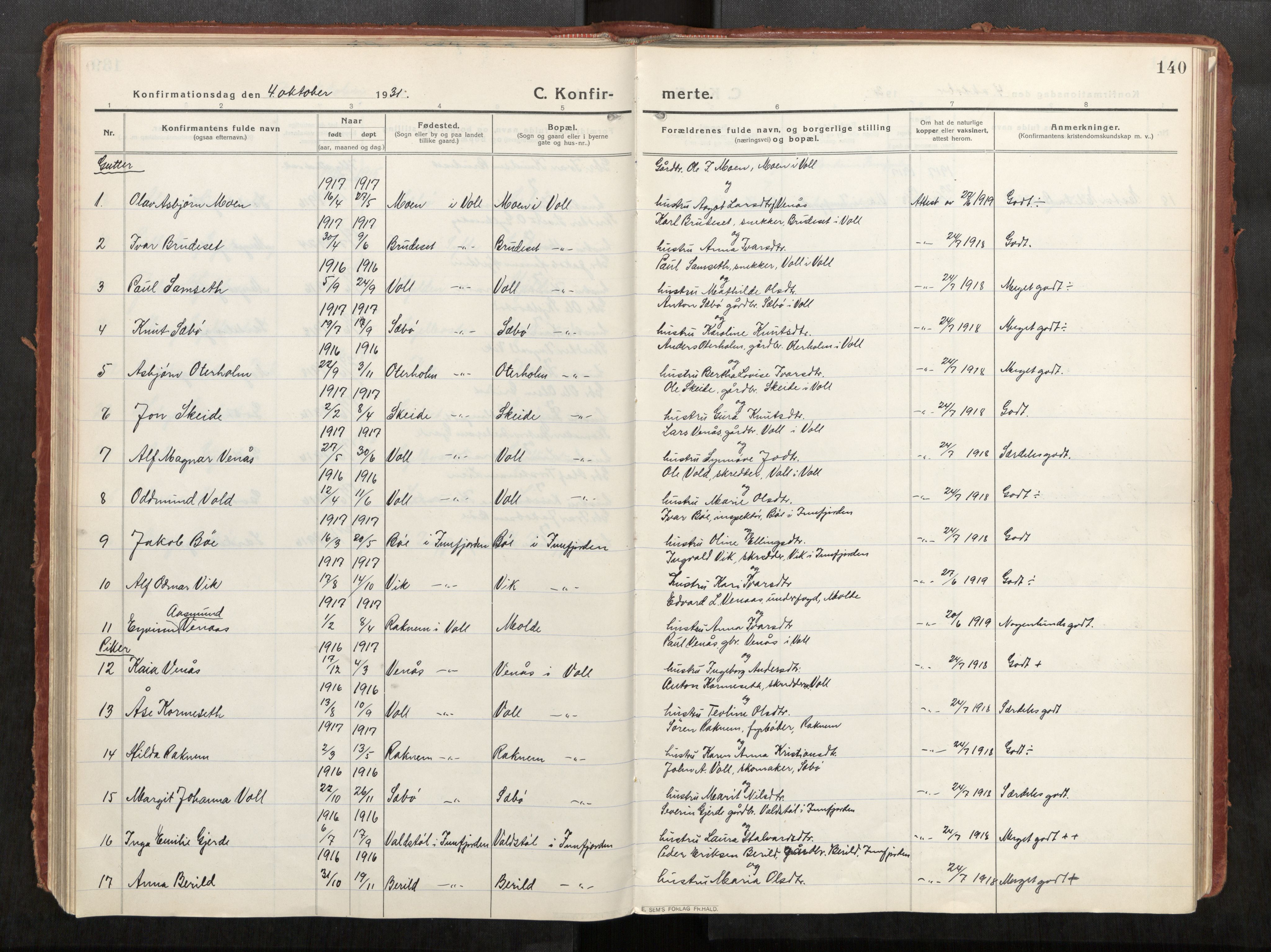 Eid sokneprestkontor, AV/SAT-A-1254: Parish register (official) no. 543A04, 1916-1956, p. 140