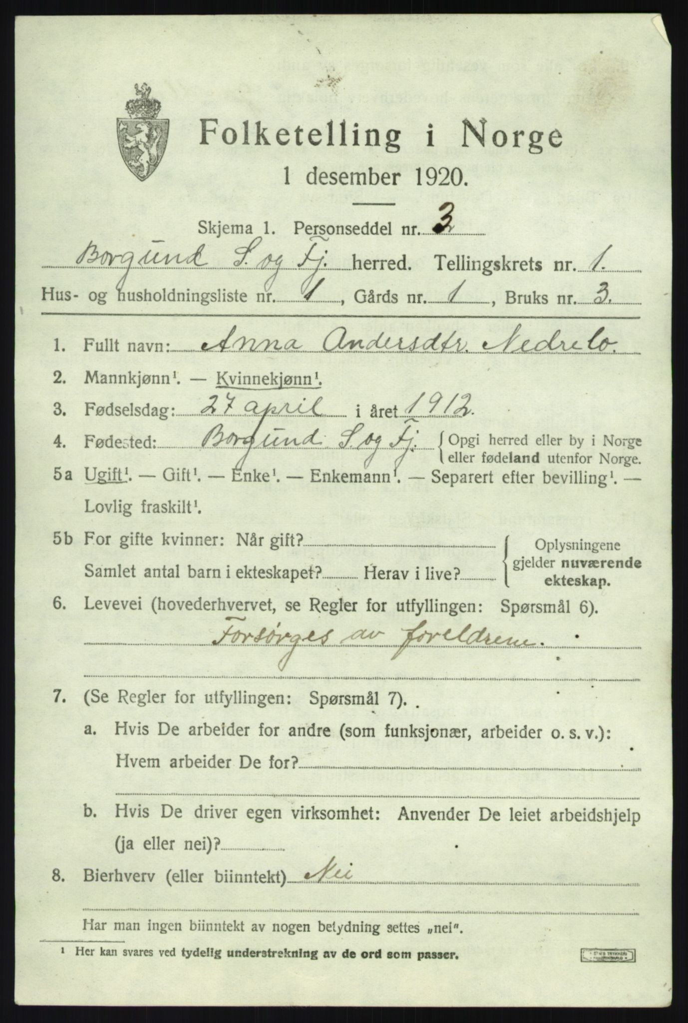 SAB, 1920 census for Borgund, 1920, p. 254