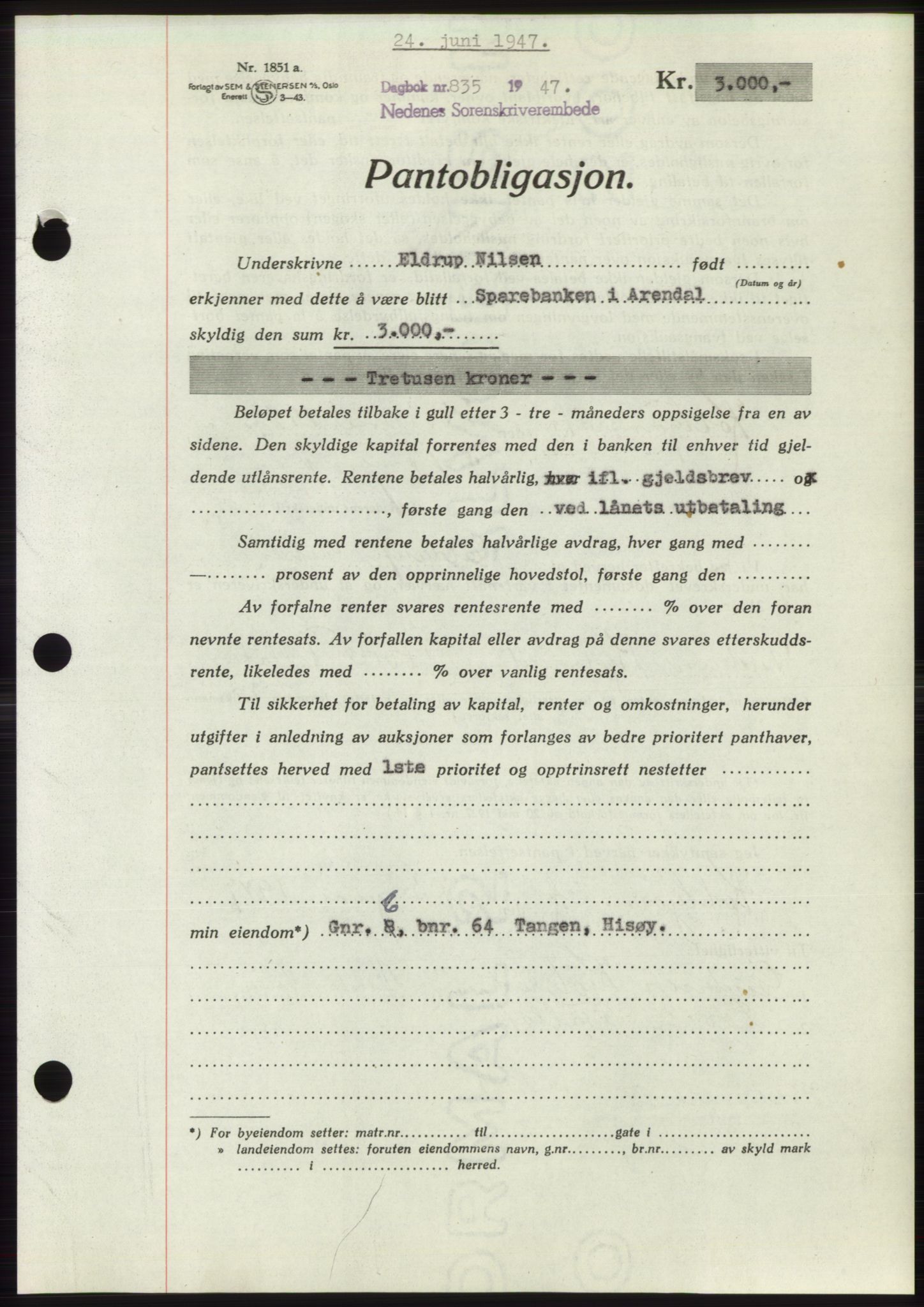 Nedenes sorenskriveri, AV/SAK-1221-0006/G/Gb/Gbb/L0004: Mortgage book no. B4, 1947-1947, Diary no: : 835/1947