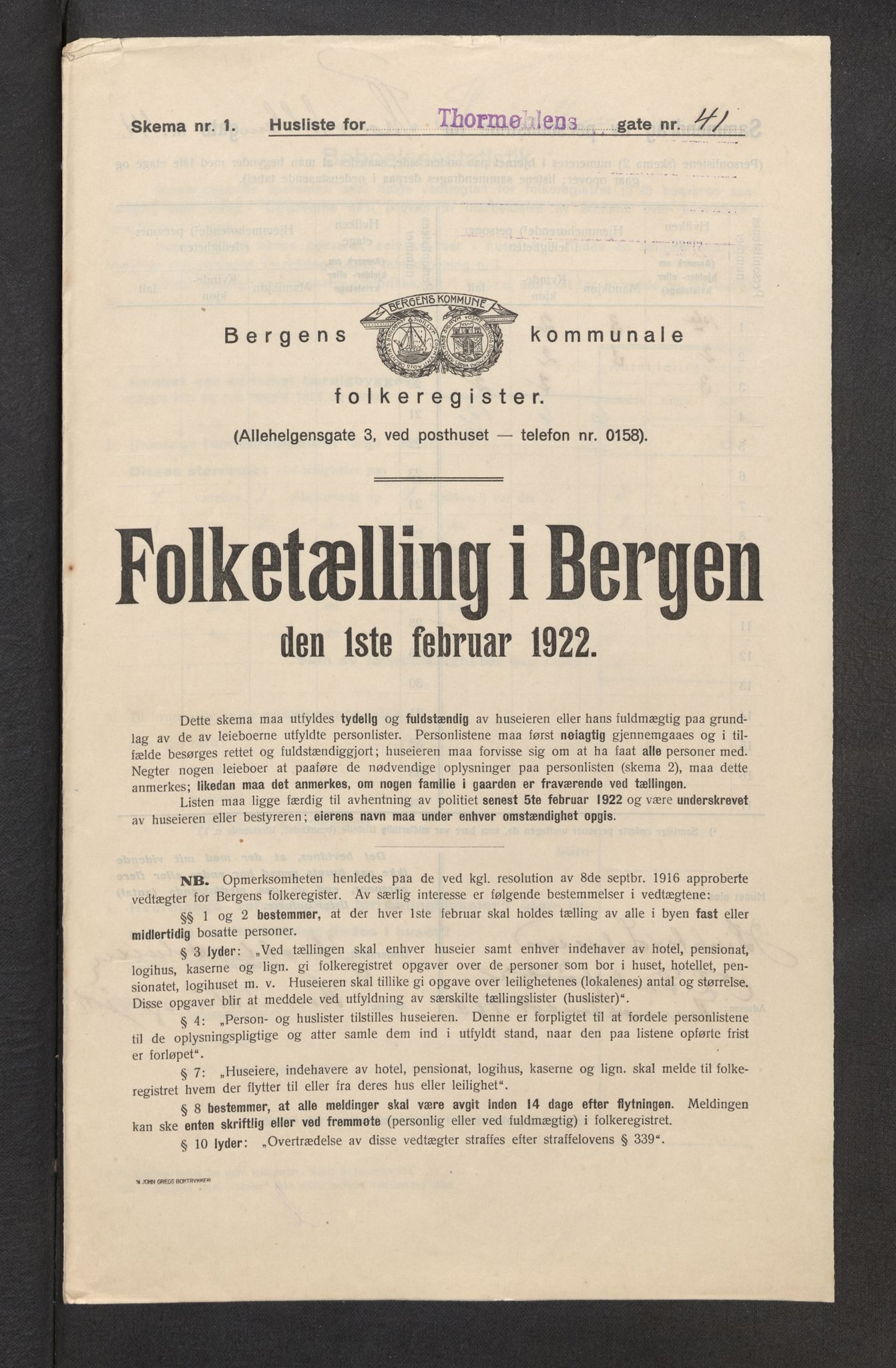 SAB, Municipal Census 1922 for Bergen, 1922, p. 43797