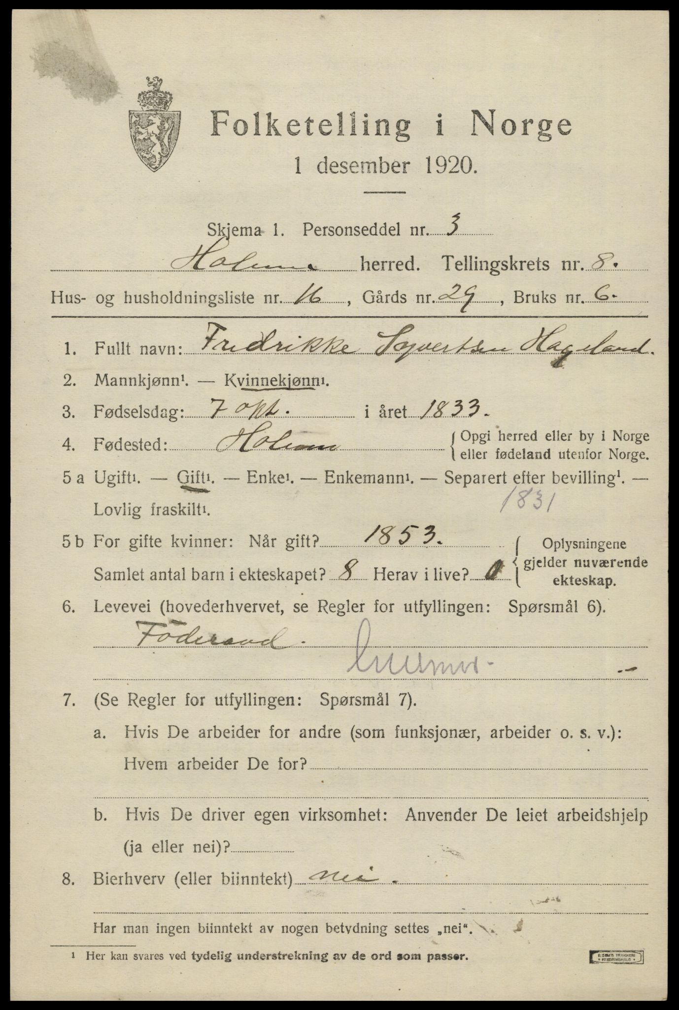 SAK, 1920 census for Holum, 1920, p. 2641