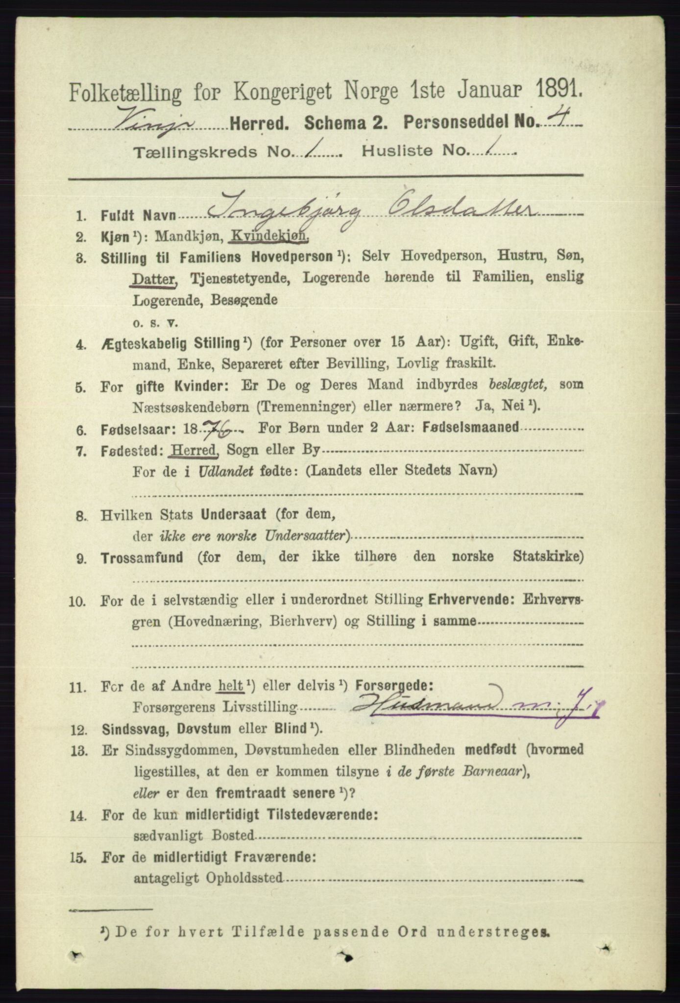 RA, 1891 census for 0834 Vinje, 1891, p. 64