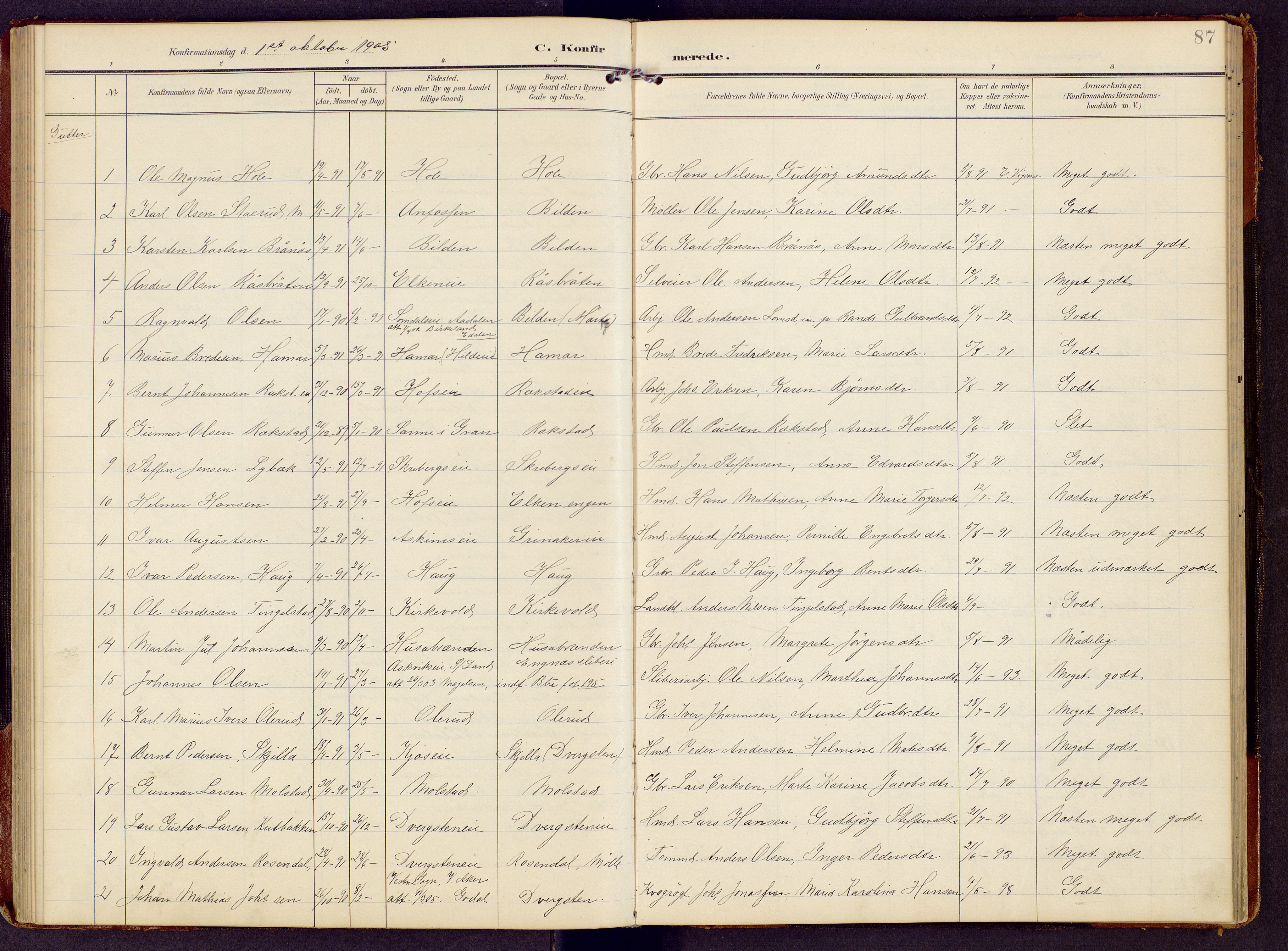 Brandbu prestekontor, SAH/PREST-114/H/Ha/Hab/L0009: Parish register (copy) no. 9, 1903-1916, p. 87