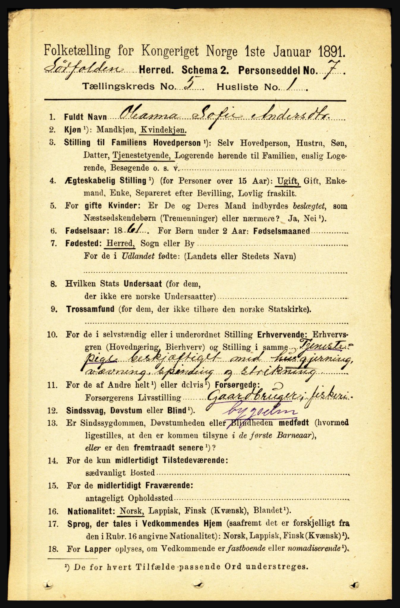 RA, 1891 census for 1845 Sørfold, 1891, p. 1368