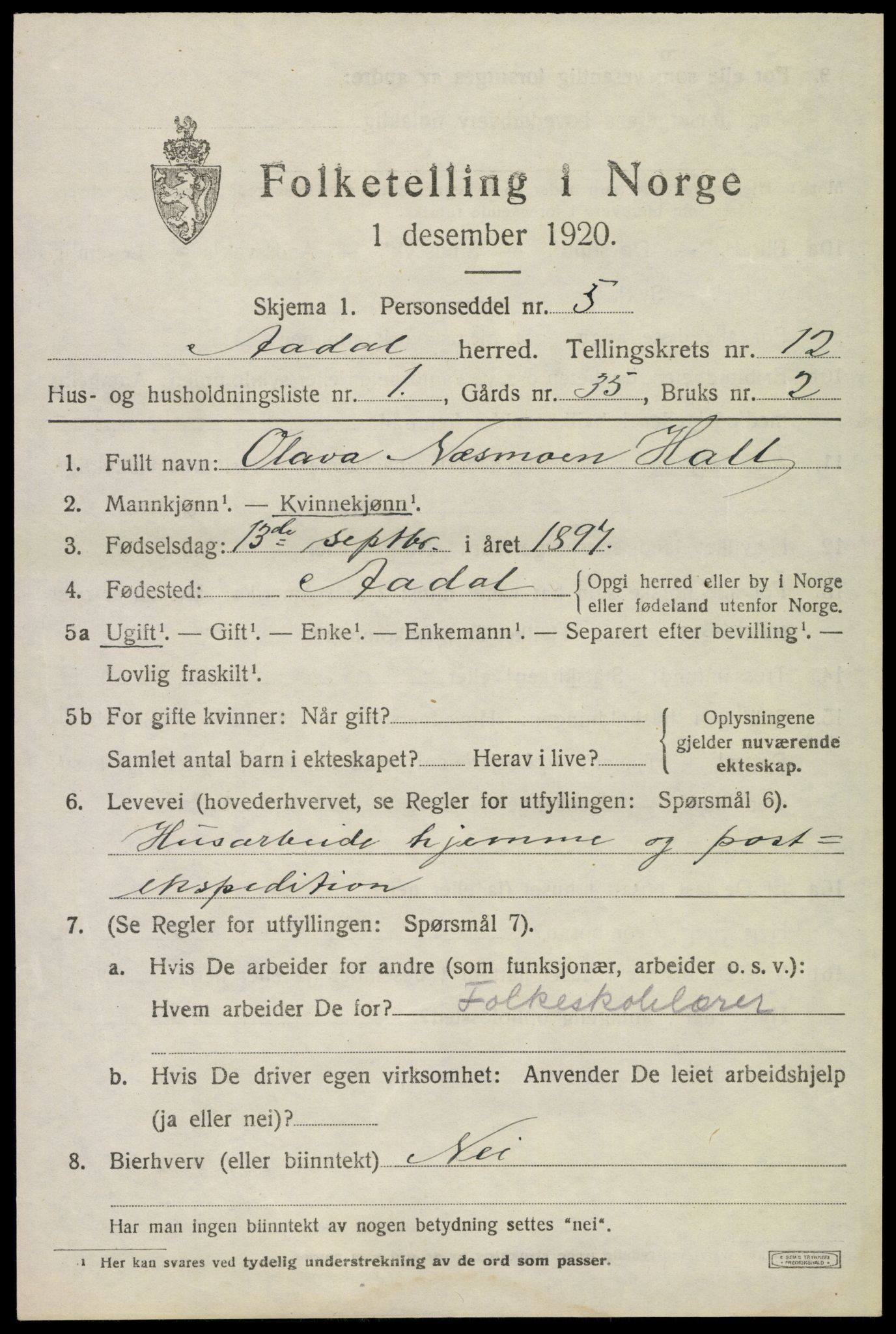 SAKO, 1920 census for Ådal, 1920, p. 6840