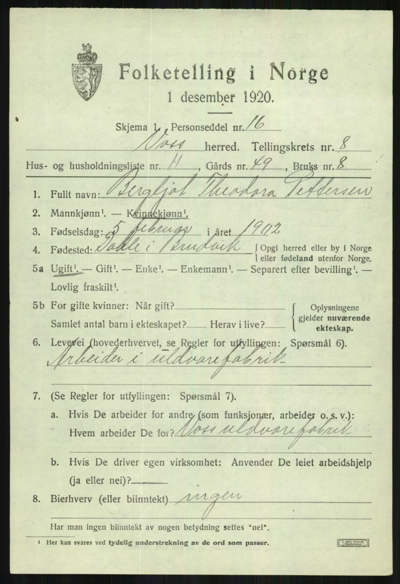 SAB, 1920 census for Voss, 1920, p. 7905