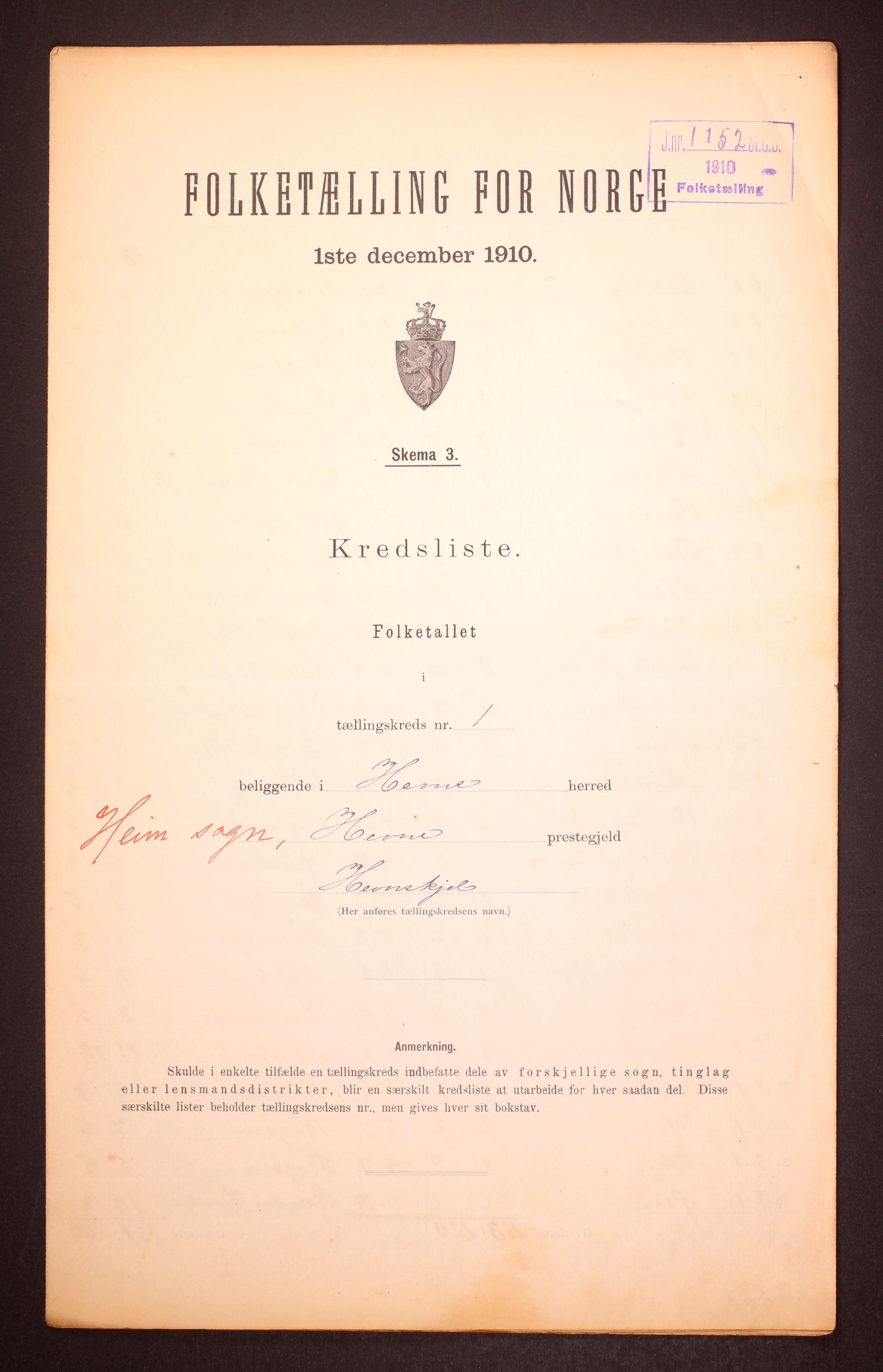 RA, 1910 census for Hemne, 1910, p. 5