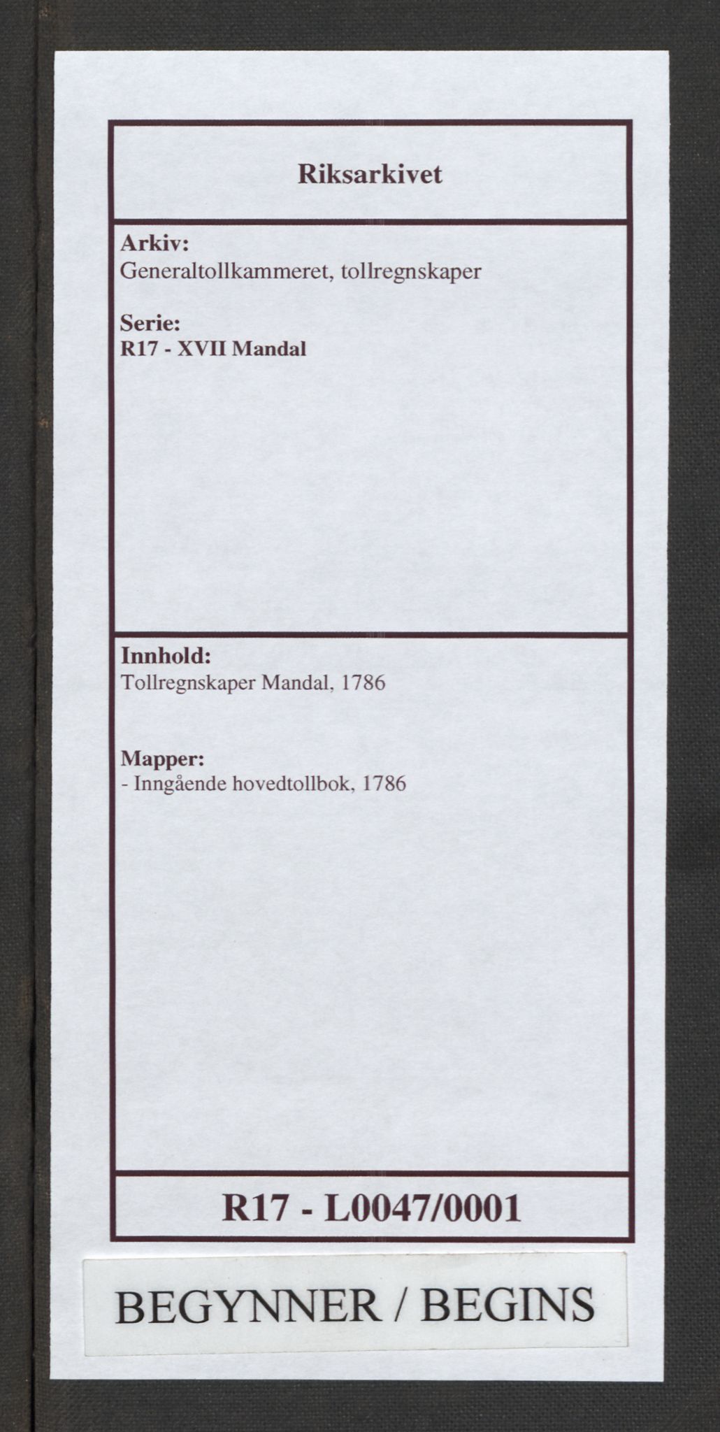 Generaltollkammeret, tollregnskaper, AV/RA-EA-5490/R17/L0047/0001: Tollregnskaper Mandal / Inngående hovedtollbok, 1786