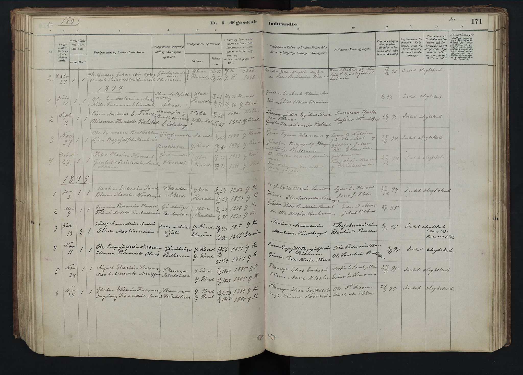 Rendalen prestekontor, SAH/PREST-054/H/Ha/Hab/L0009: Parish register (copy) no. 9, 1879-1902, p. 171