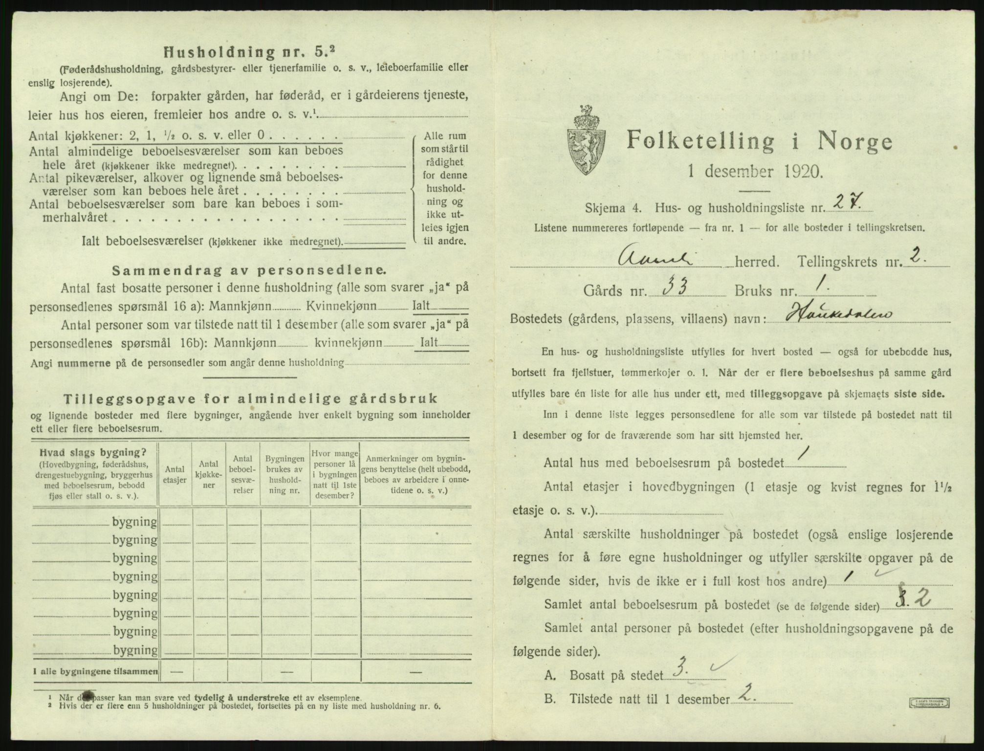 SAK, 1920 census for Åmli, 1920, p. 133