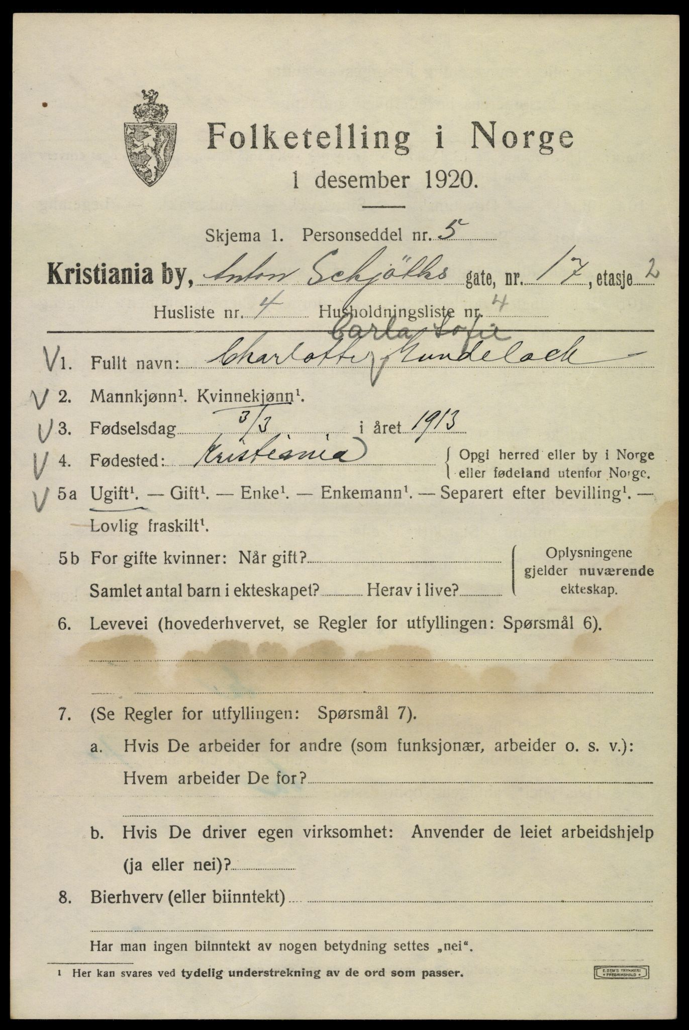 SAO, 1920 census for Kristiania, 1920, p. 141913