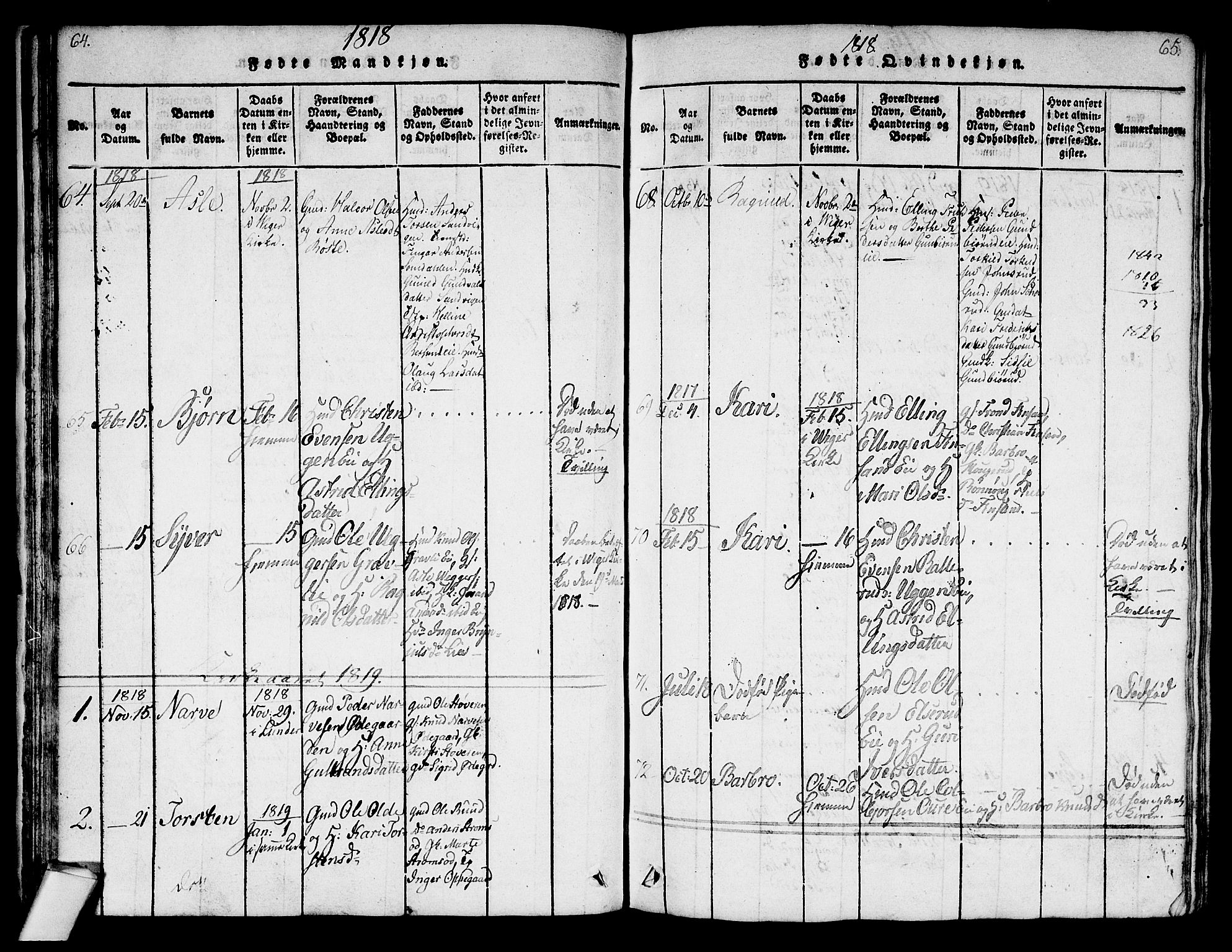 Norderhov kirkebøker, AV/SAKO-A-237/G/Ga/L0003: Parish register (copy) no. I 3 /2, 1814-1876, p. 64-65