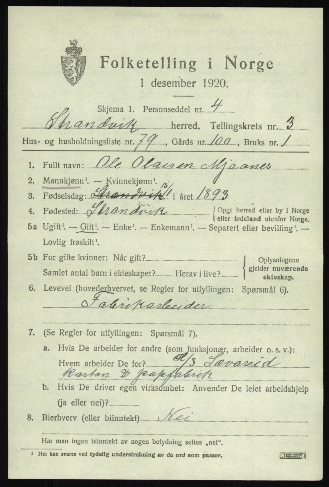 SAB, 1920 census for Strandvik, 1920, p. 3140