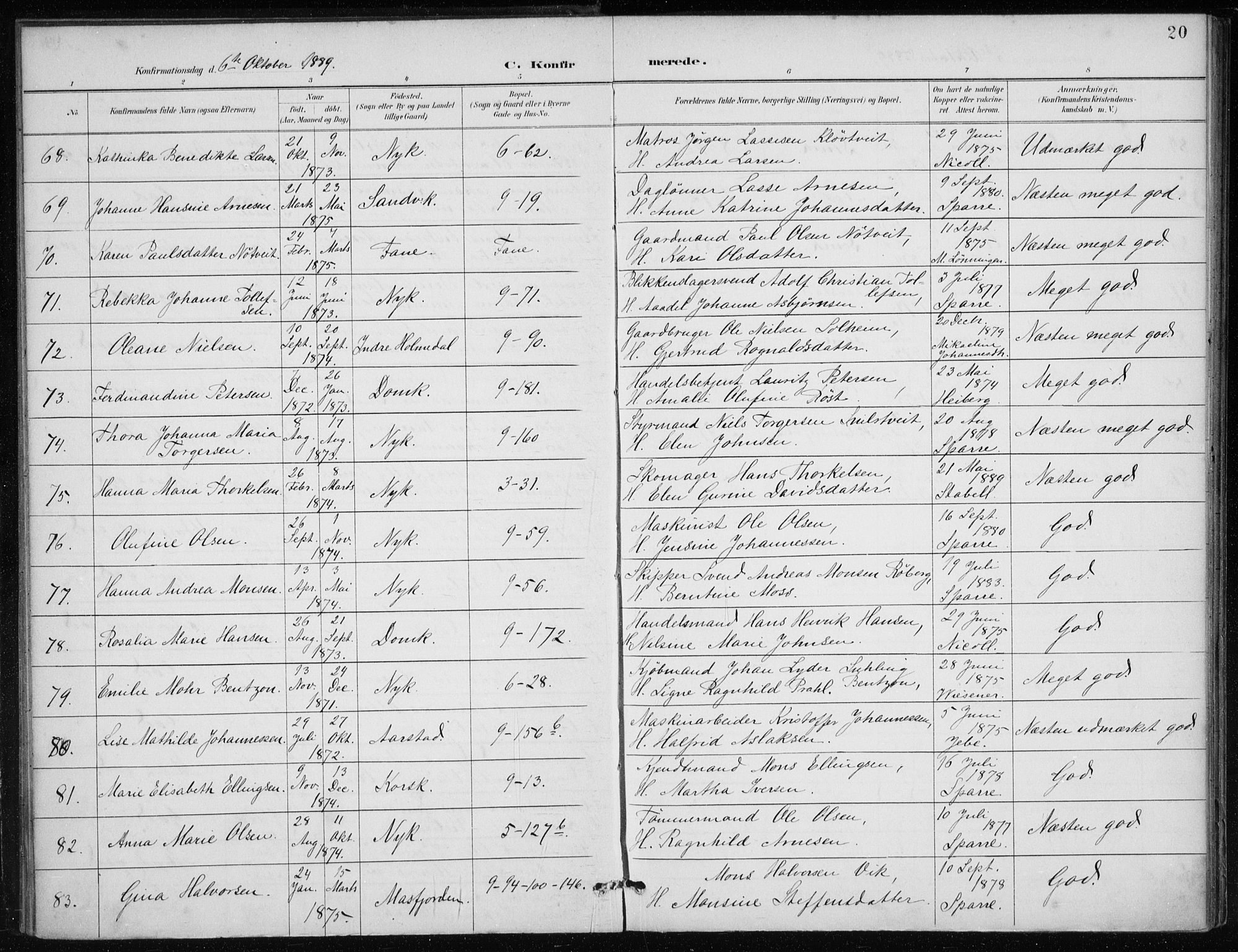 Nykirken Sokneprestembete, AV/SAB-A-77101/H/Haa/L0028: Parish register (official) no. C 7, 1887-1913, p. 20