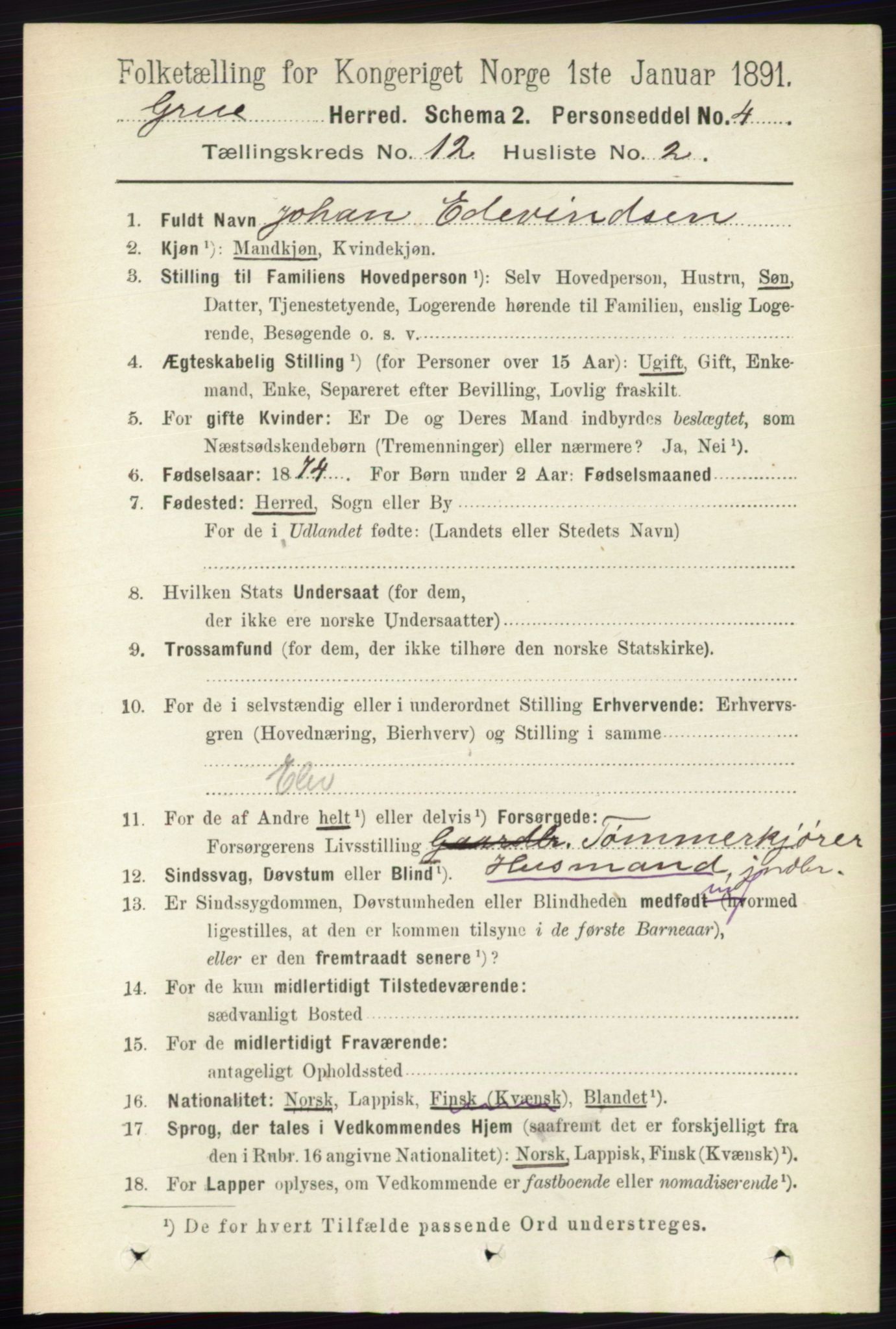 RA, 1891 census for 0423 Grue, 1891, p. 6126