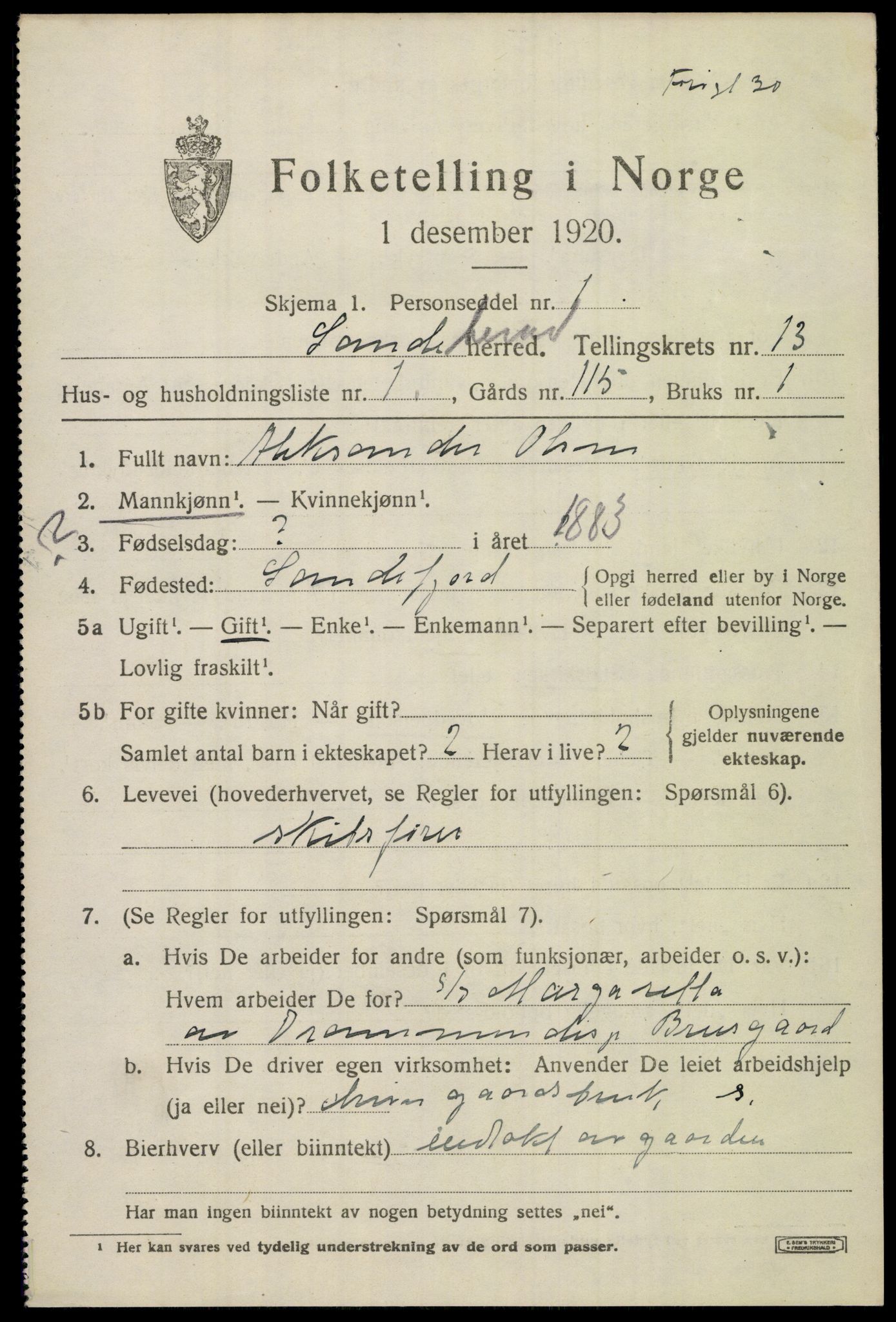 SAKO, 1920 census for Sandeherred, 1920, p. 19098